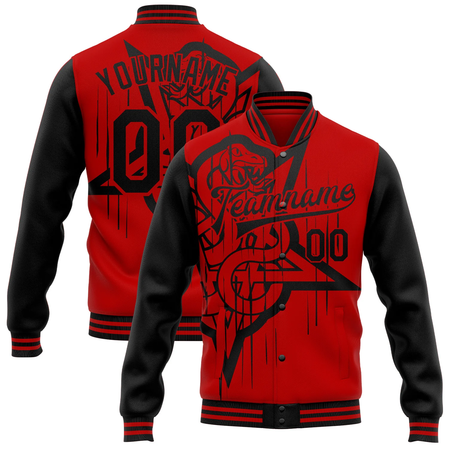 Custom Red Black Gothic Snake Grunge 3D Pattern Design Bomber Full-Snap Varsity Letterman Jacket