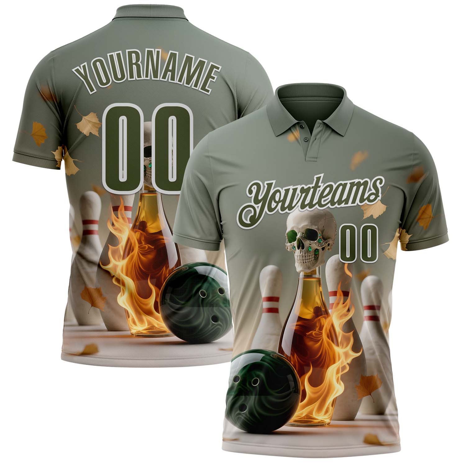 Custom Gray Olive-White 3D Flame Gem Skull Bowling Performance Polo Shirt