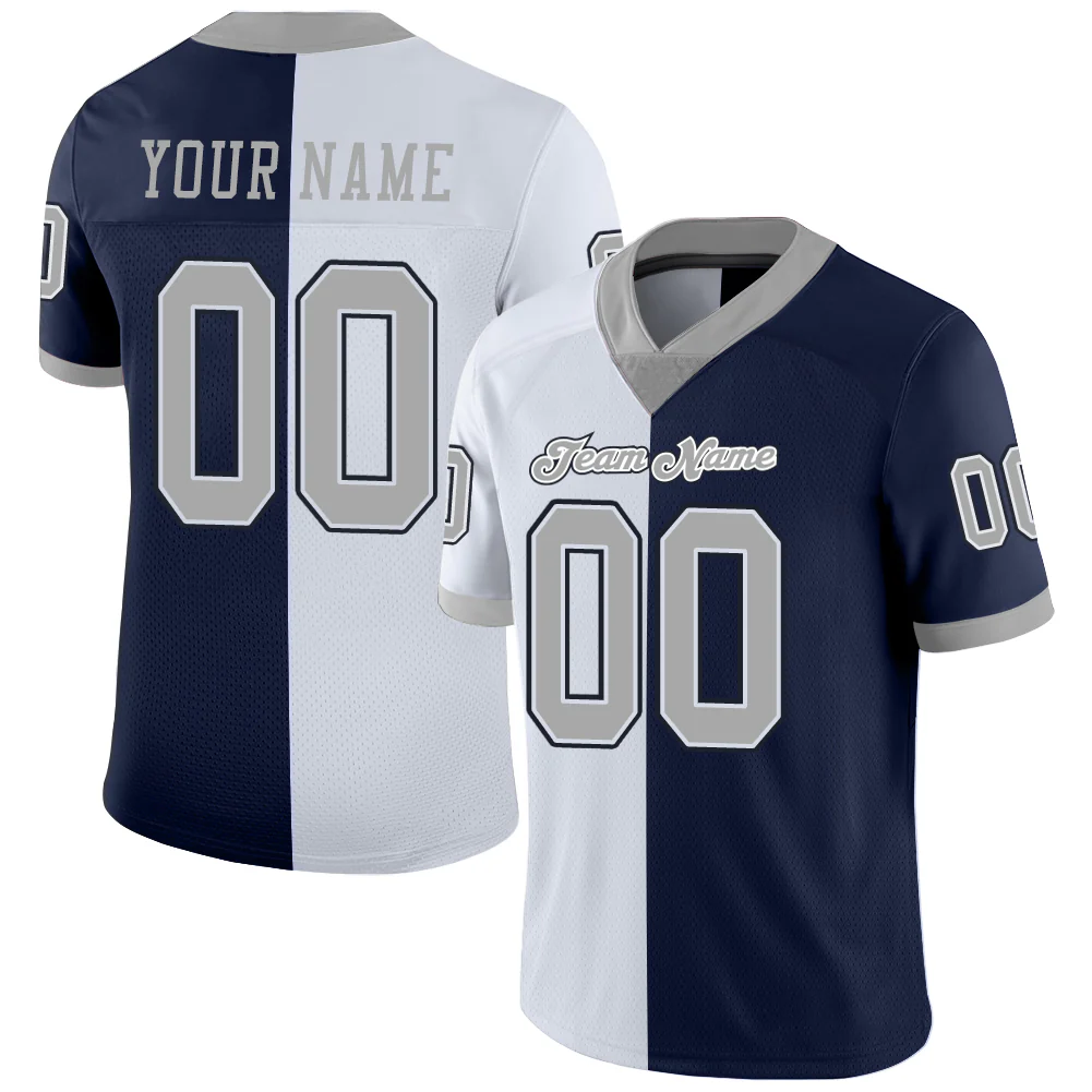 Custom Navy Gray-White Split Fashion Football Jersey