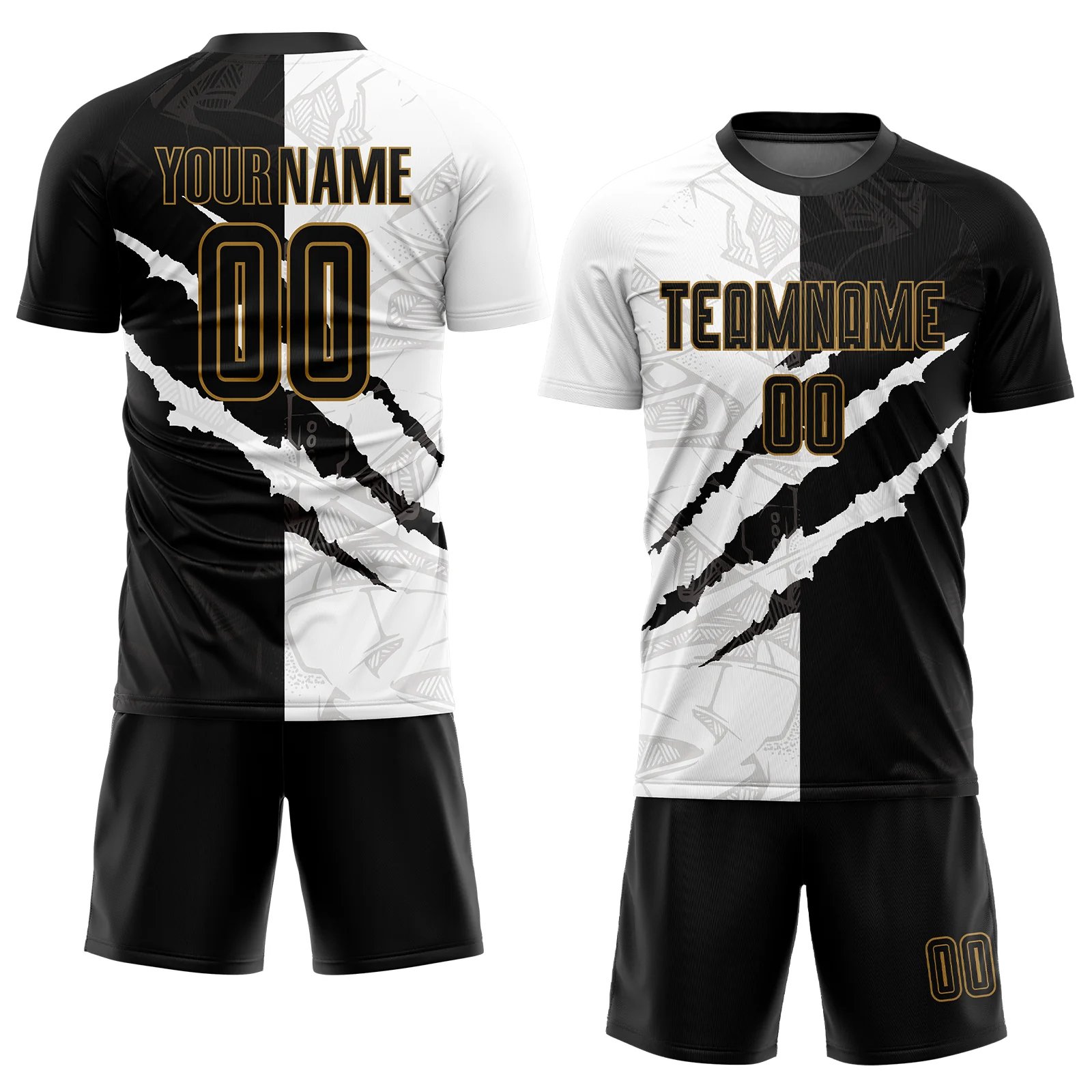 Custom Graffiti Pattern Black-Old Gold Scratch Sublimation Soccer Uniform Jersey