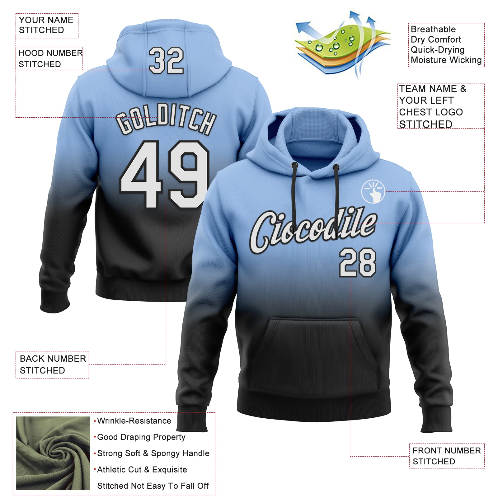 Custom Stitched Light Blue White-Black Fade Fashion Sports Pullover Sweatshirt Hoodie