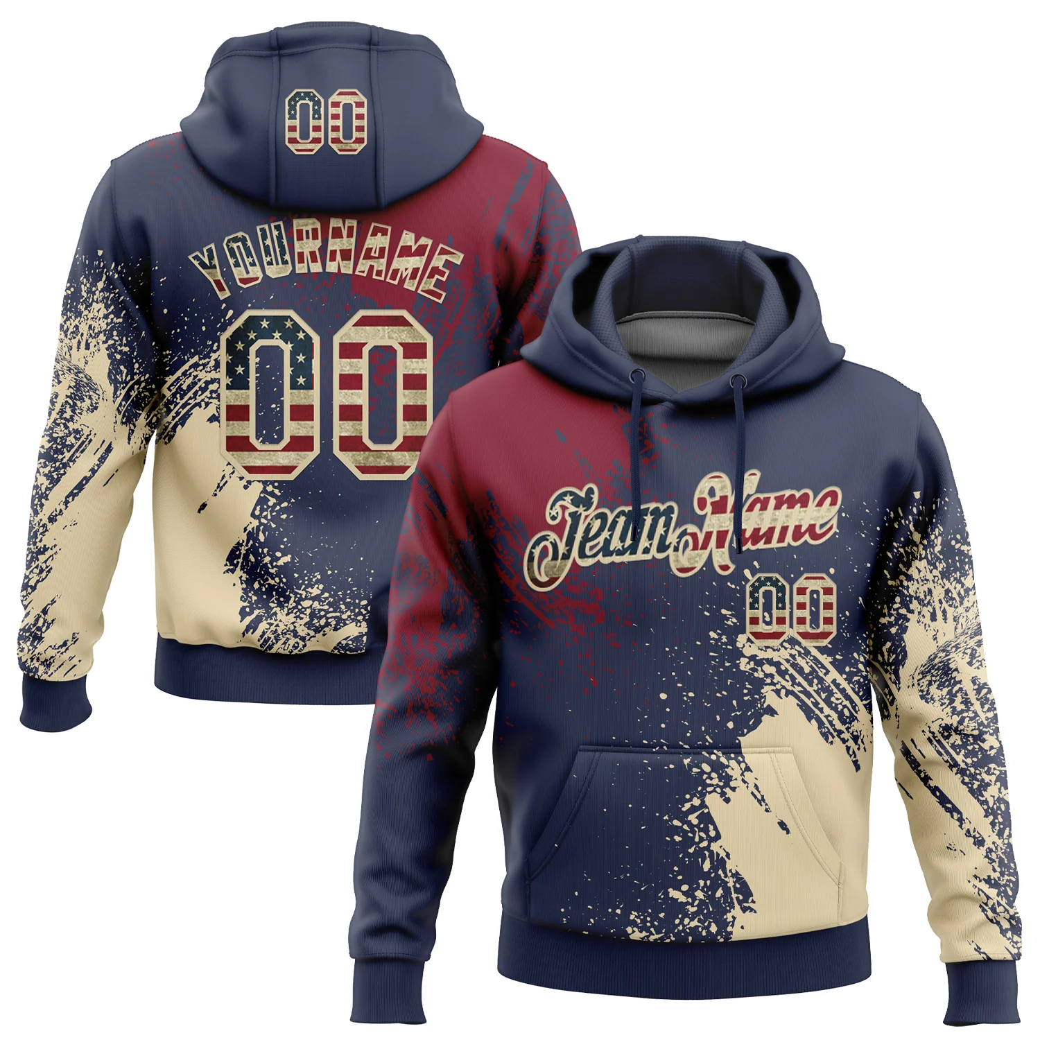 Custom Stitched Navy Vintage USA Flag Crimson-Cream 3D Pattern Design Abstract Brush Stroke Sports Pullover Sweatshirt Hoodie