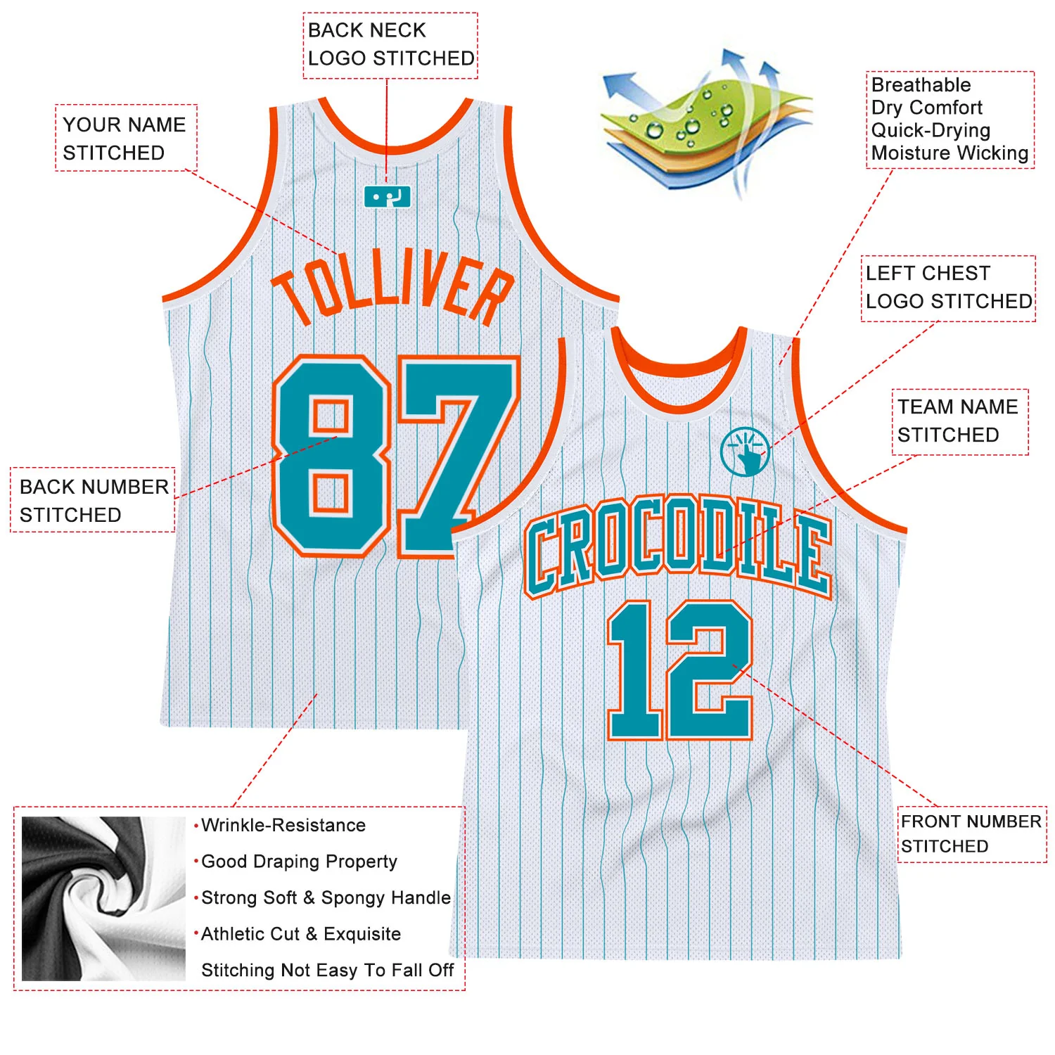 Custom White Teal Pinstripe Teal-Orange Authentic Basketball Jersey