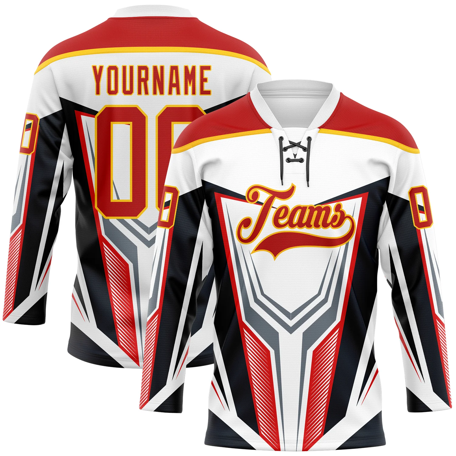 Custom White Red Yellow Black Gray-White 3D Abstract Pattern Graphic Cyber Mecha E-sport Hockey Lace Neck Jersey