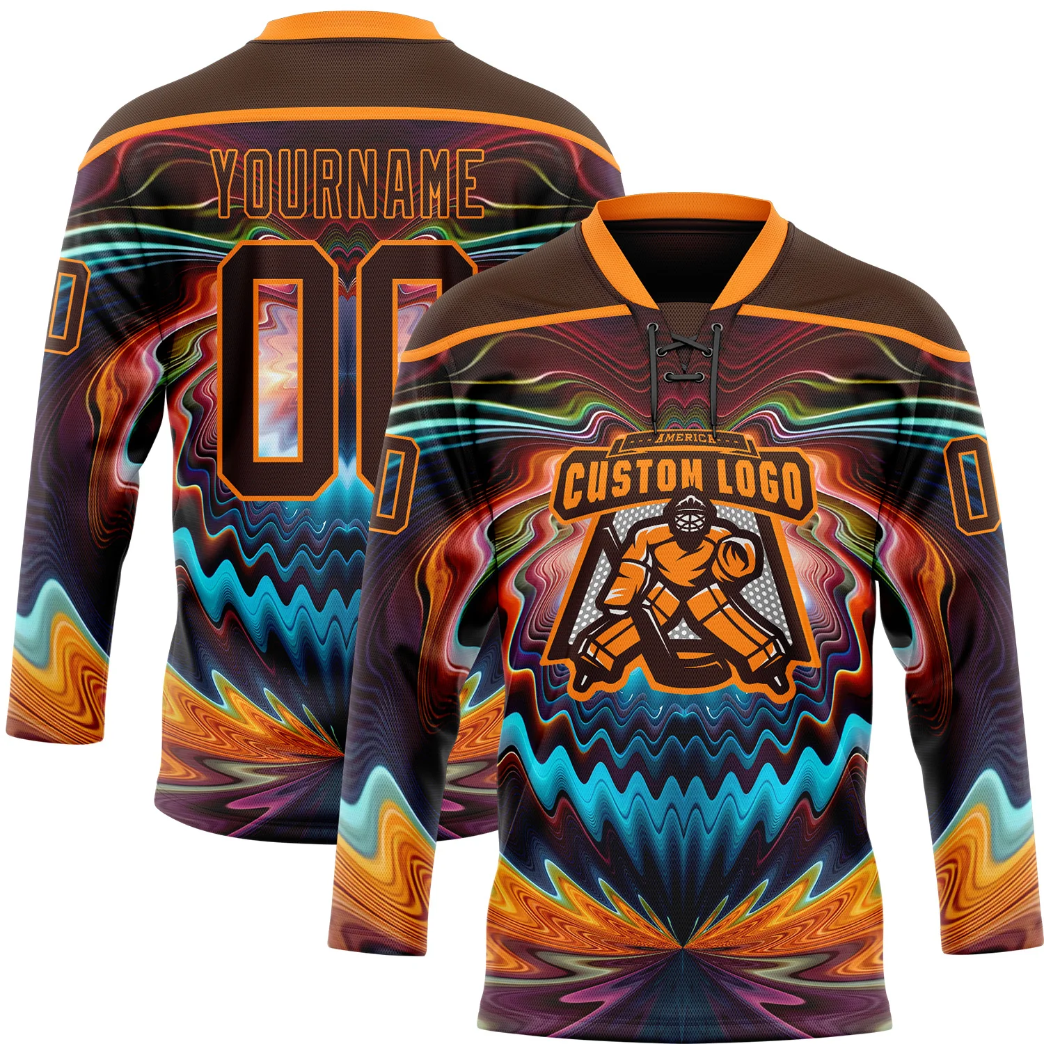 Custom Brown Bay Orange Red-Blue 3D Pattern Trippy Psychedelic Fluid Hockey Lace Neck Jersey