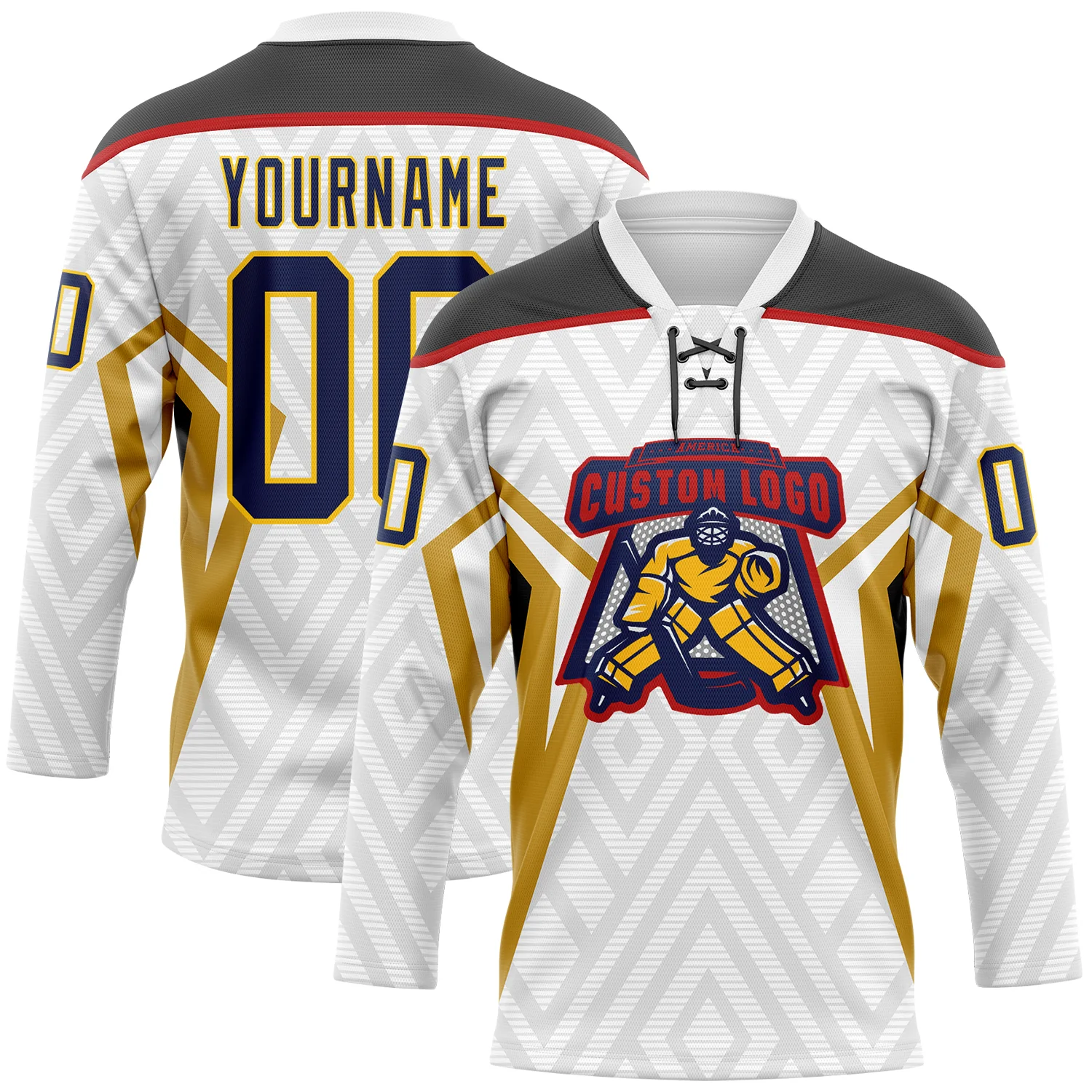 Custom White Navy Old Gold Yellow Black-Red 3D Abstract Pattern Graphic Cyber Mecha E-sport Hockey Lace Neck Jersey