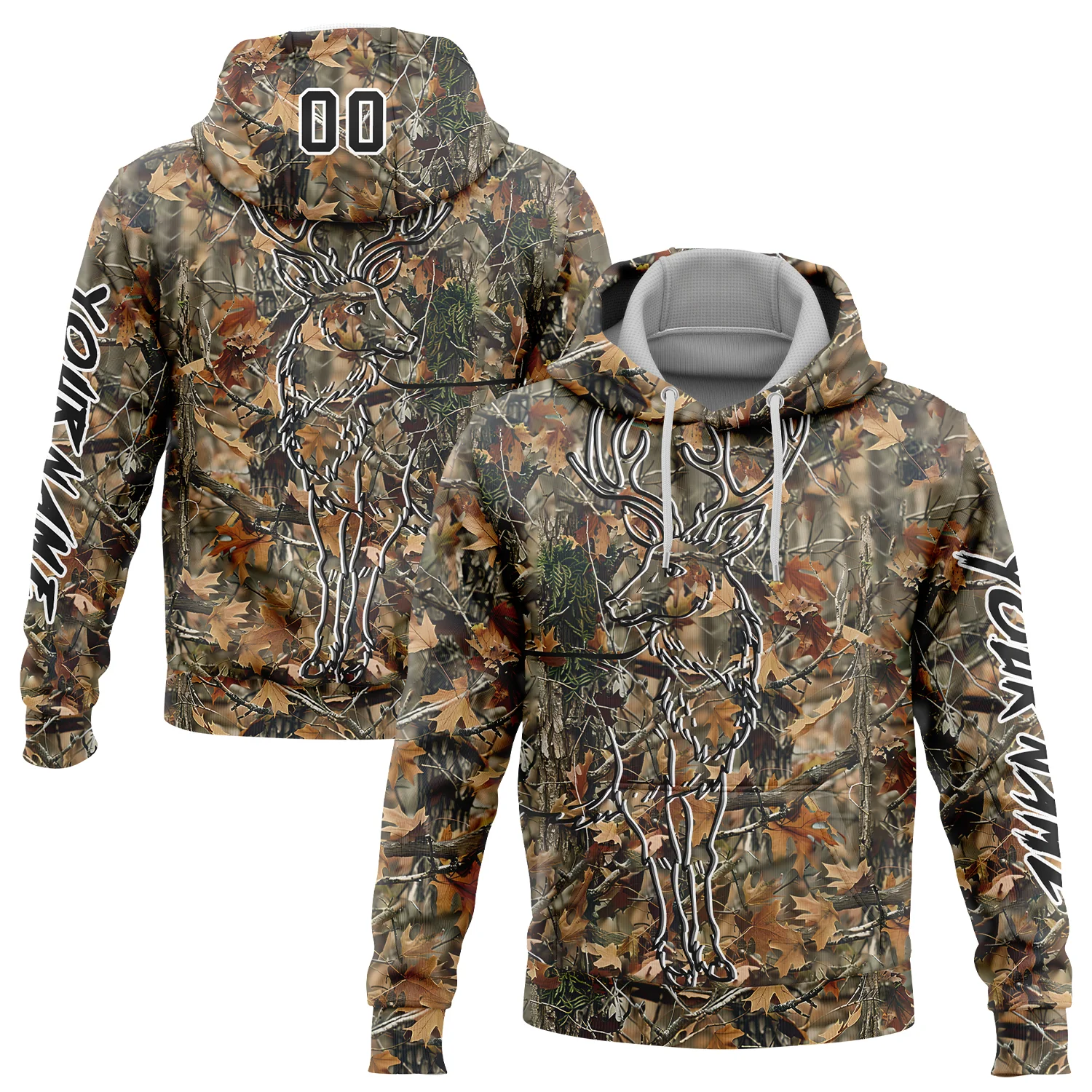 Custom Camo Black-White 3D Deer Hunting Sports Pullover Sweatshirt Hoodie