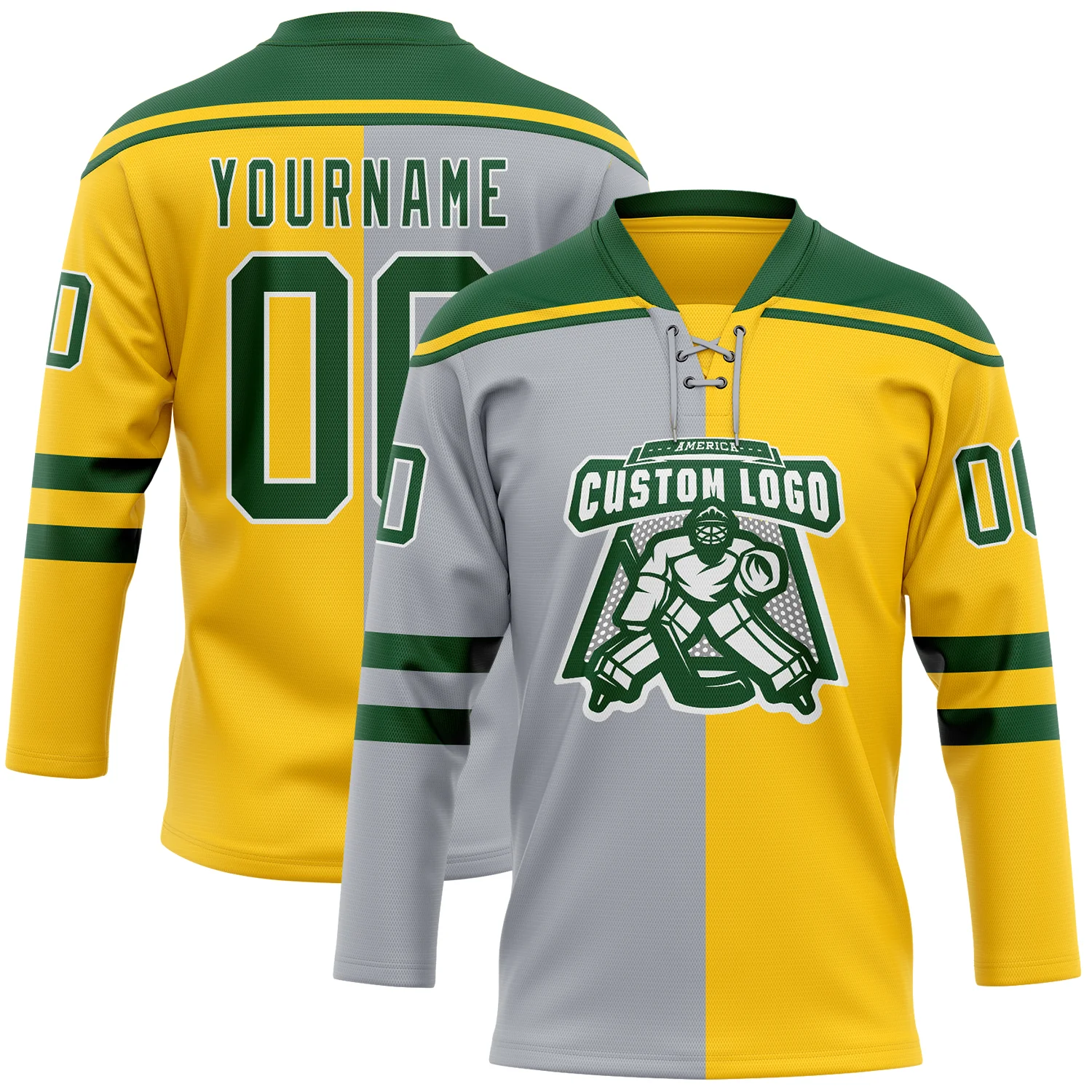 Custom Yellow Green Gray-White Split Fashion Hockey Lace Neck Jersey