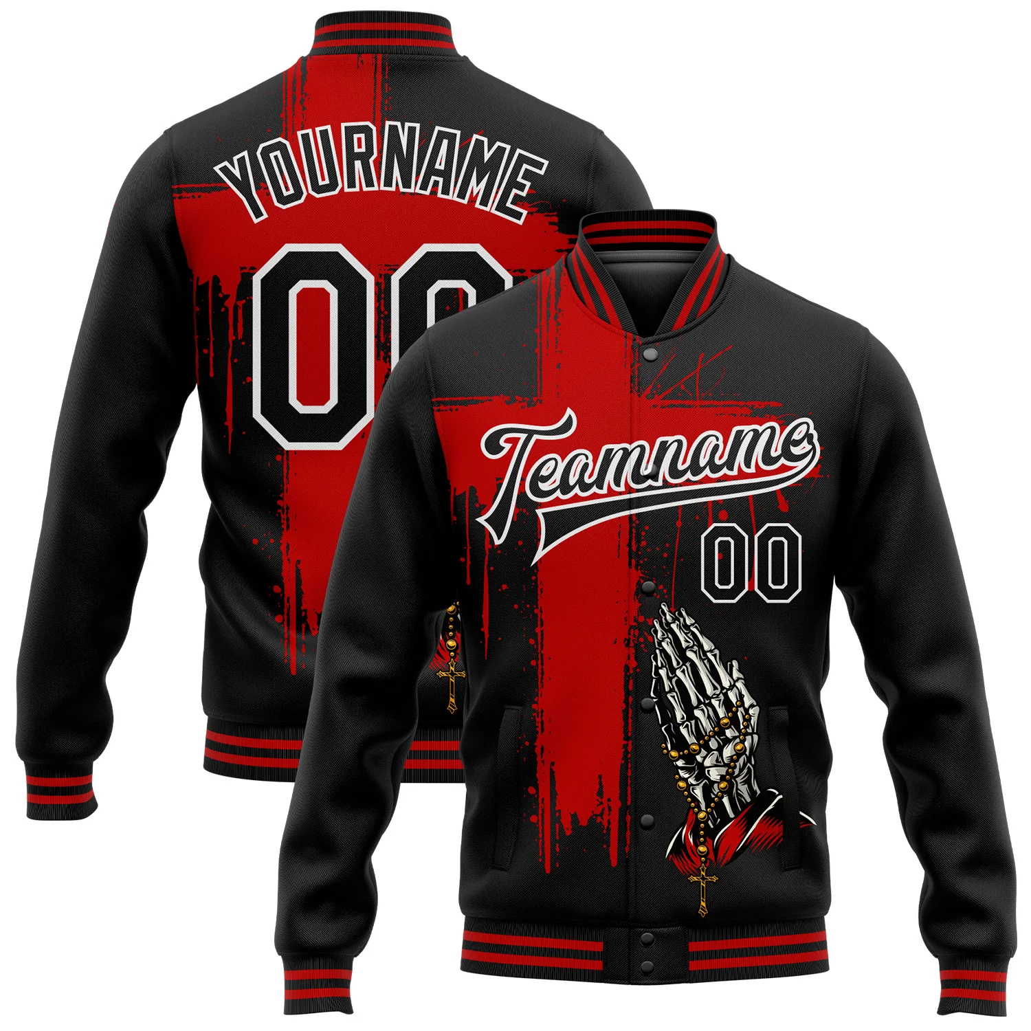 Custom Black Red-White Gothic Crosses 3D Pattern Design Bomber Full-Snap Varsity Letterman Jacket