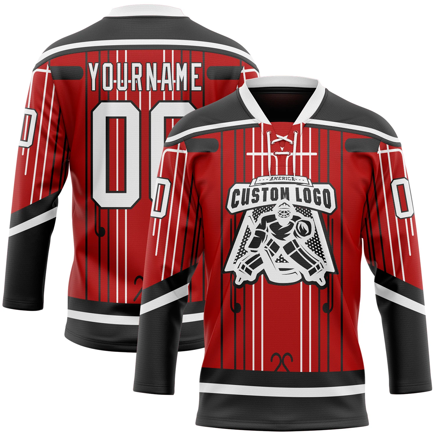 Custom Red White-Black 3D Pattern Abstract Carolina Inspired Line Hockey Lace Neck Jersey
