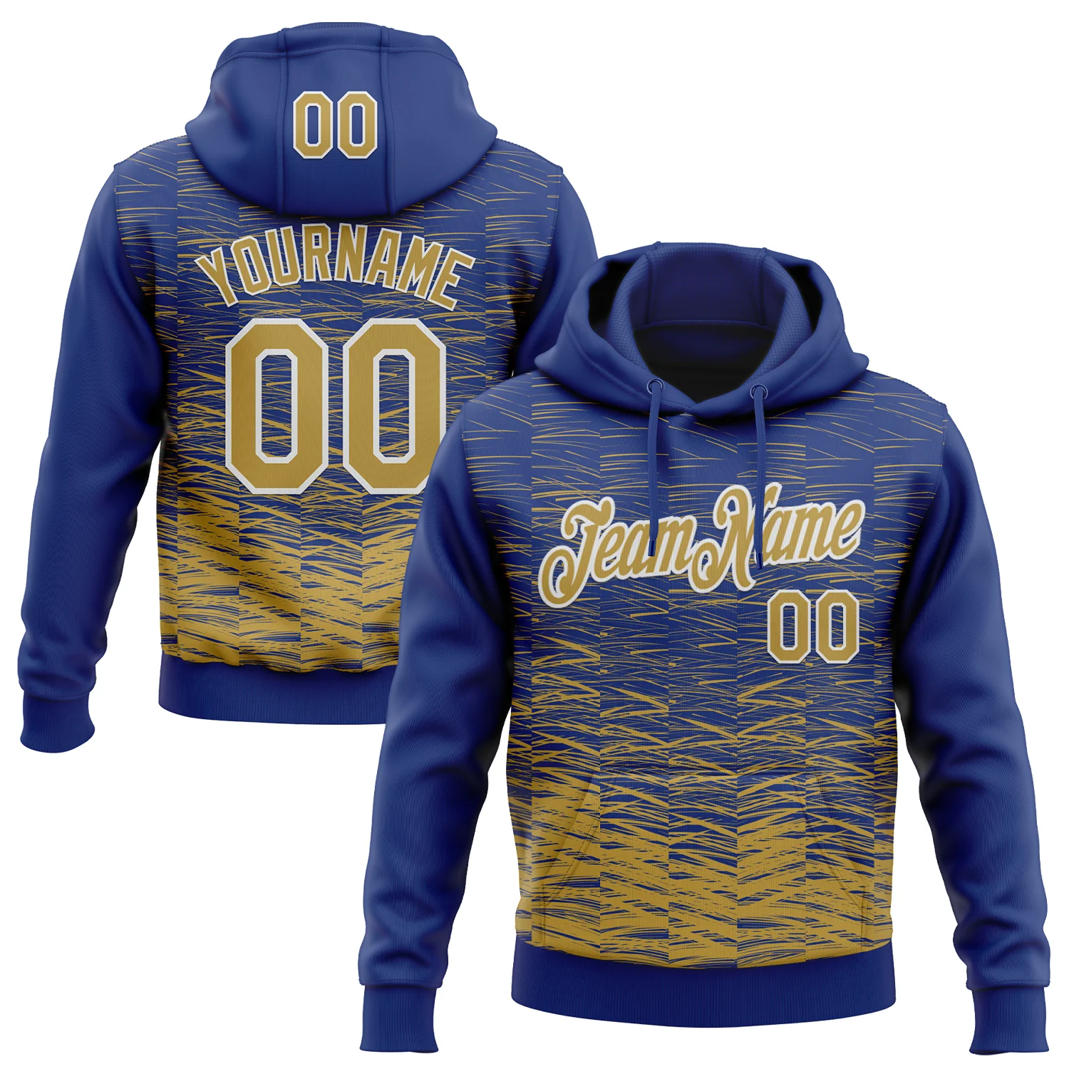 Custom Stitched Royal Old Gold-White 3D Pattern Design Line Sports Pullover Sweatshirt Hoodie