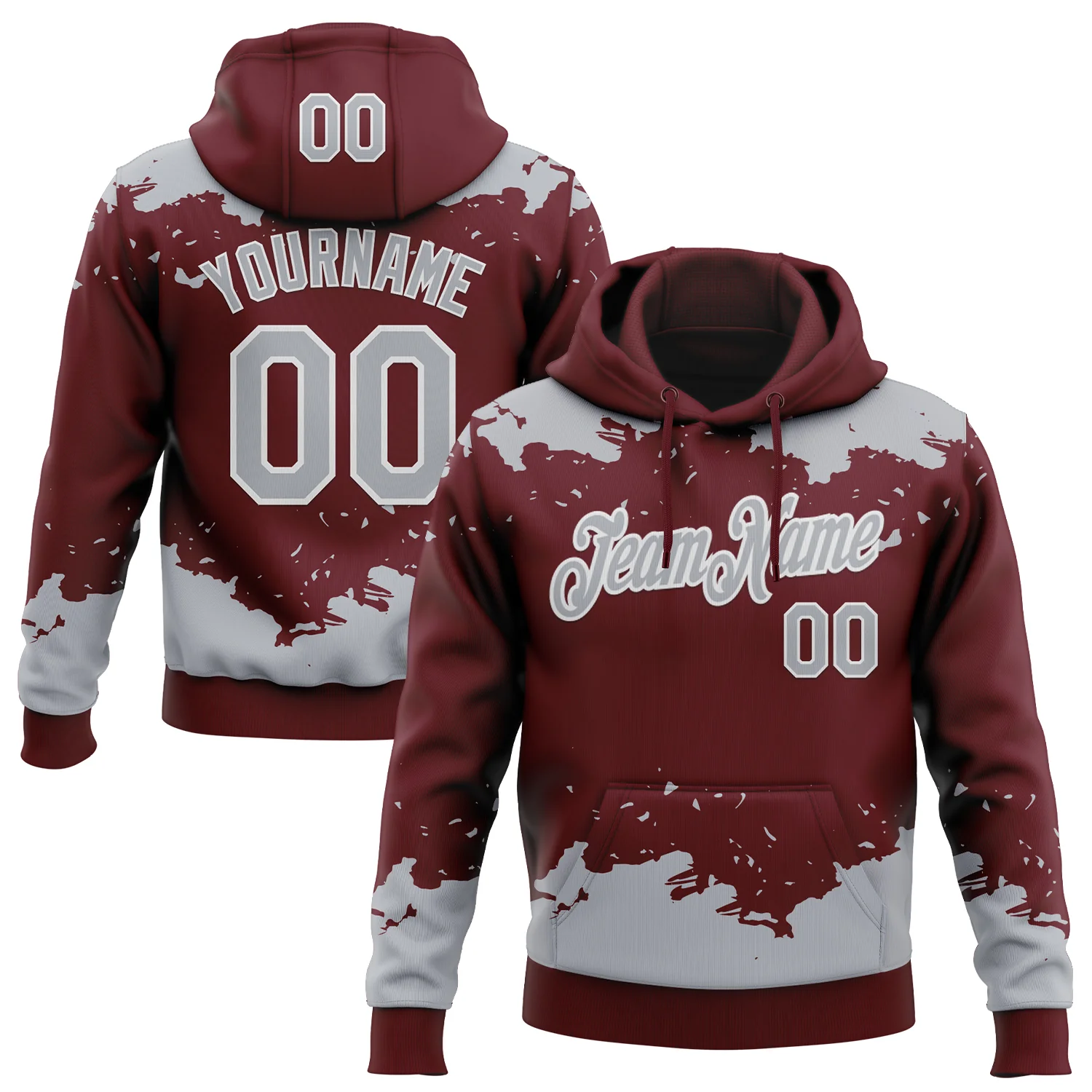 Custom Stitched Burgundy Gray-White 3D Pattern Design Fragment Sports Pullover Sweatshirt Hoodie