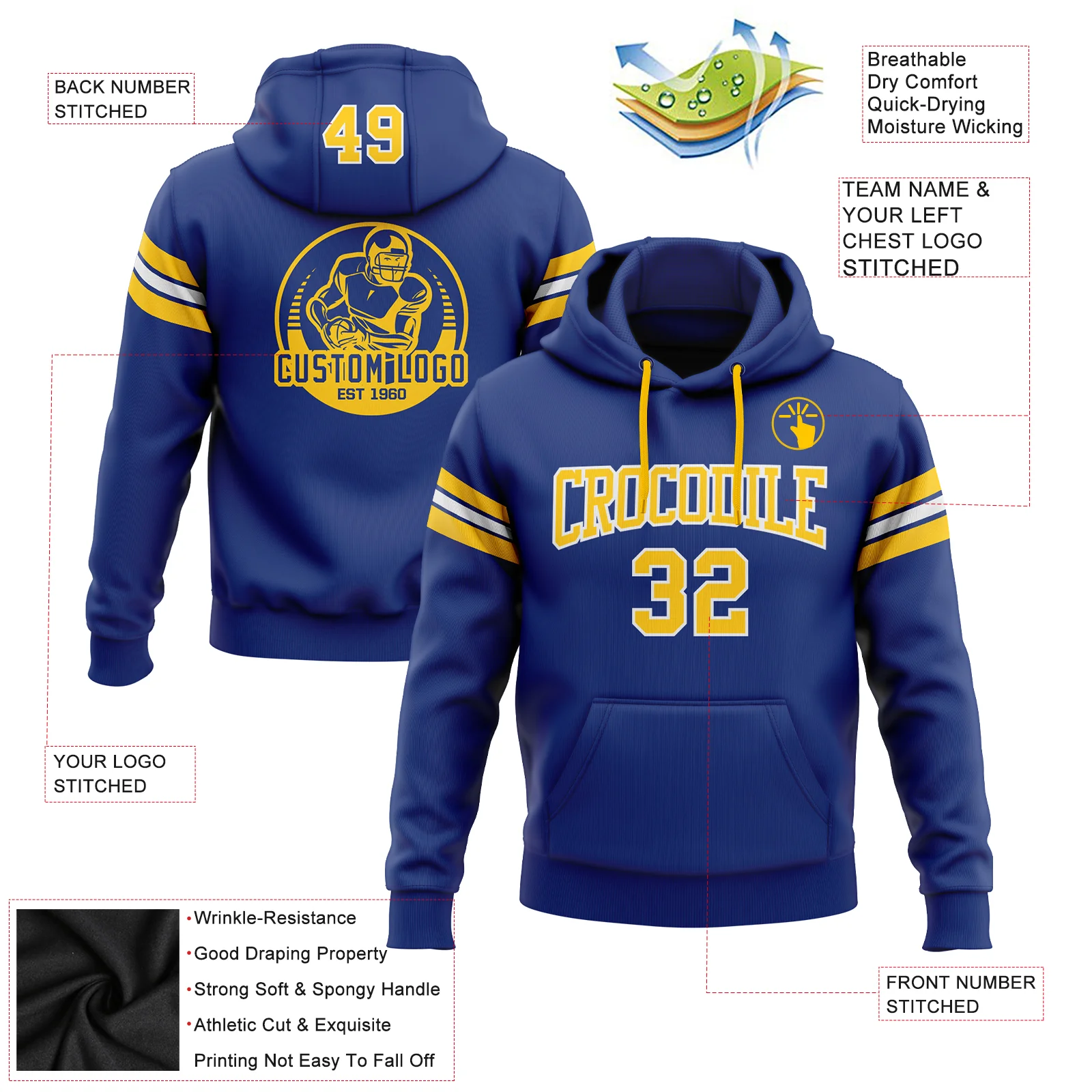Custom Stitched Royal Gold-White Football Pullover Sweatshirt Hoodie