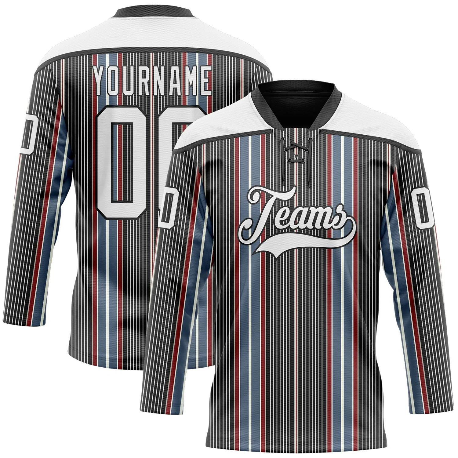 Custom Black White Red-Blue 3D Pattern Design Stripe Hockey Lace Neck Jersey