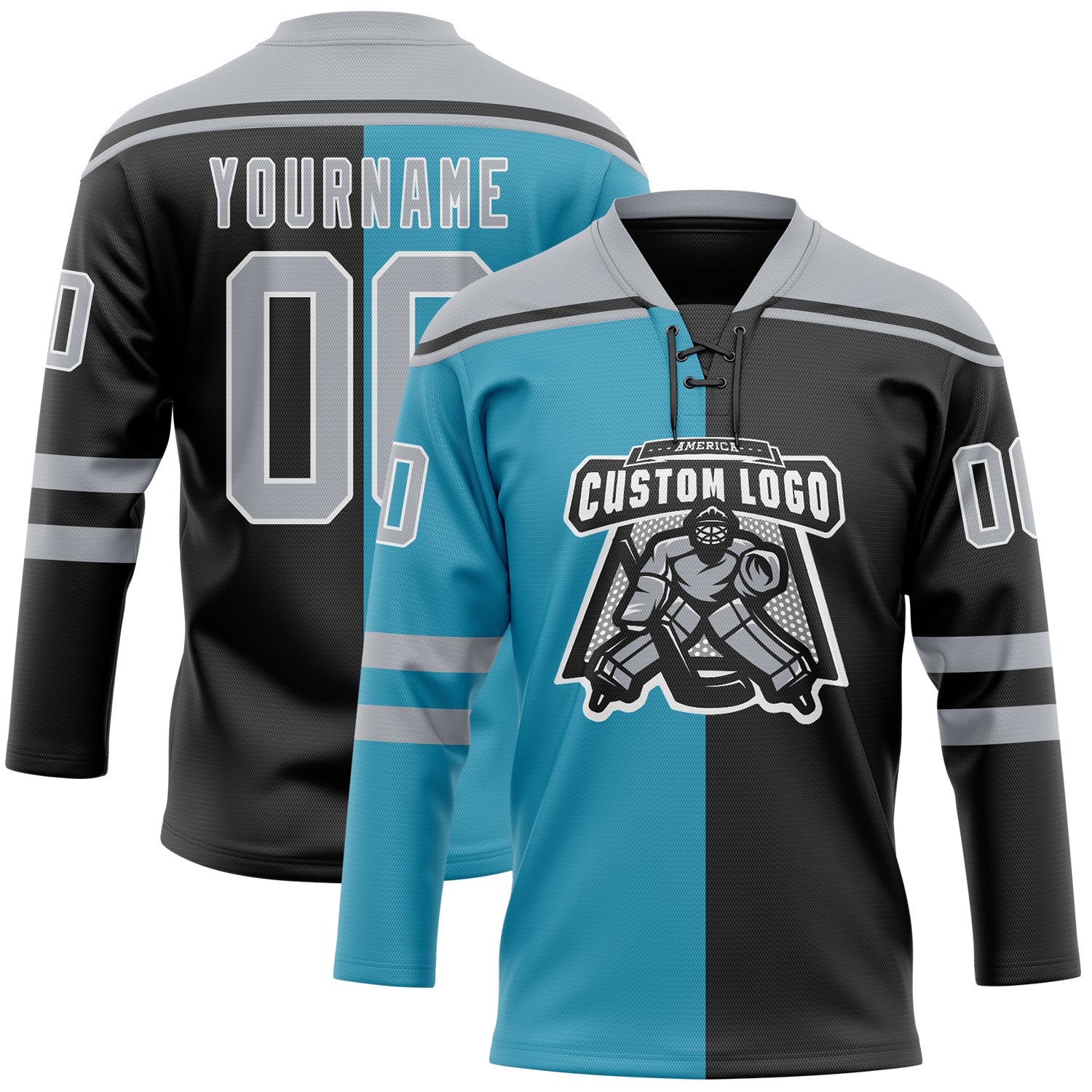 Custom Black Gray Panther Blue-White Split Fashion Hockey Lace Neck Jersey