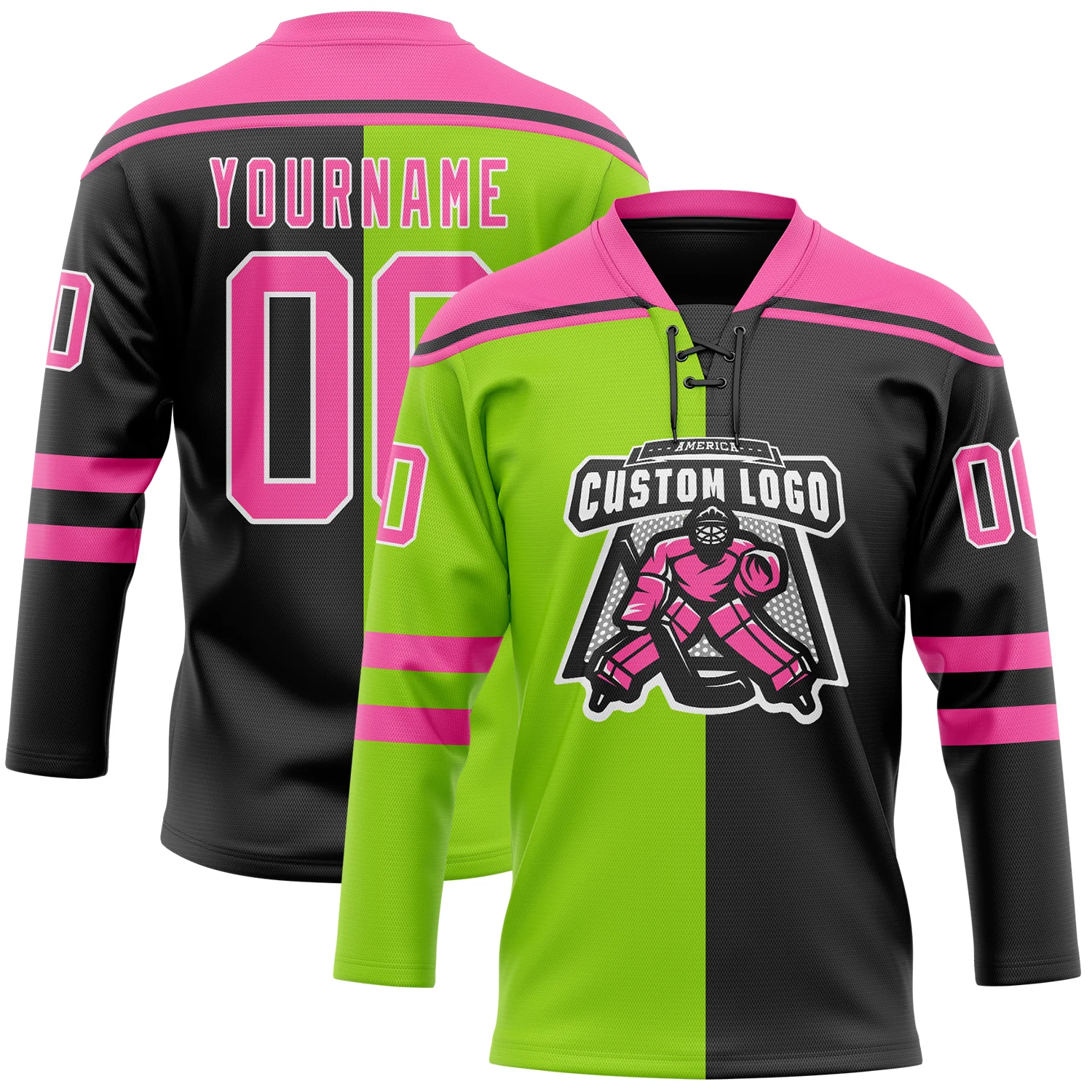 Custom Black Pink Neon Green-White Split Fashion Hockey Lace Neck Jersey