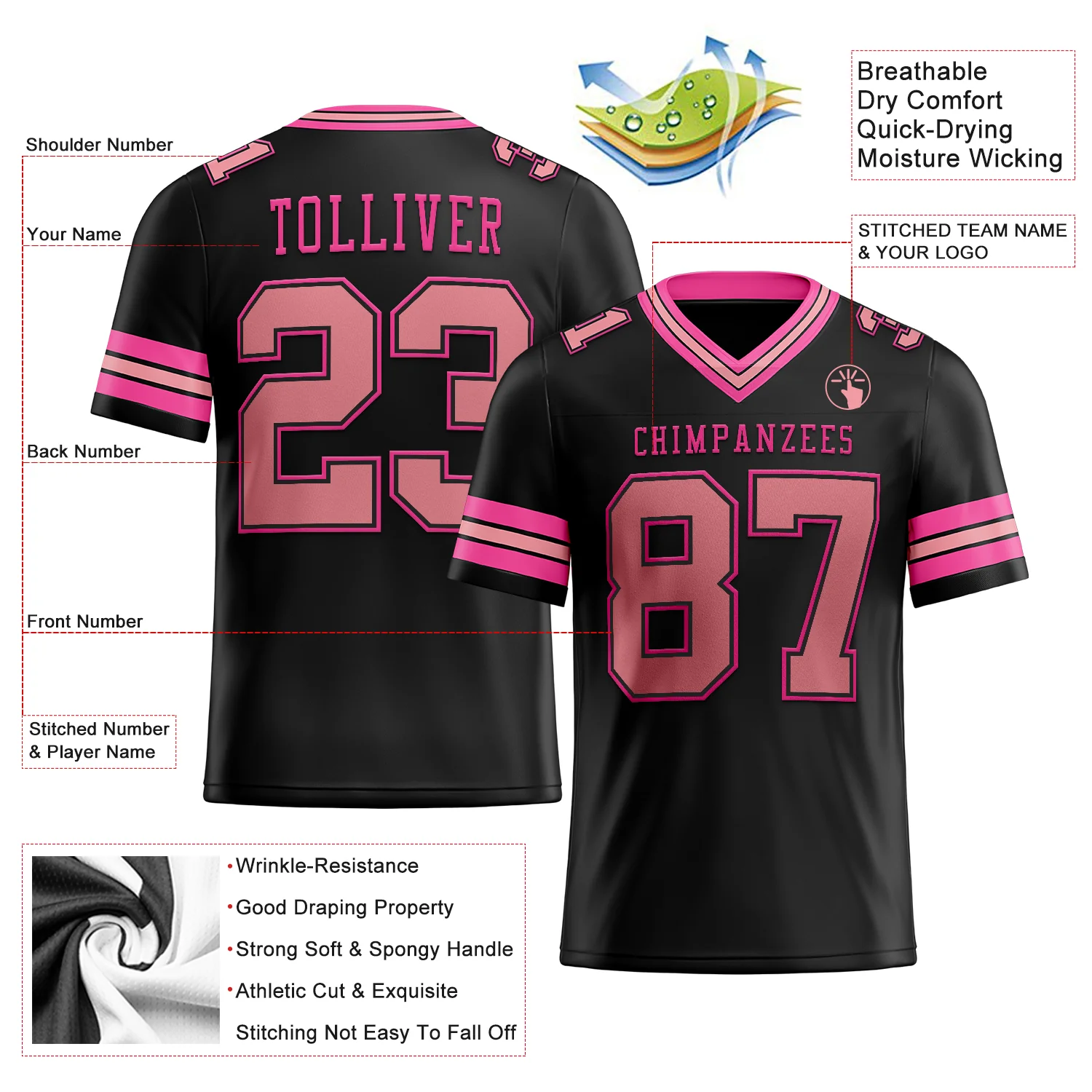 Custom Black Medium Pink-Pink Authentic Football Jersey