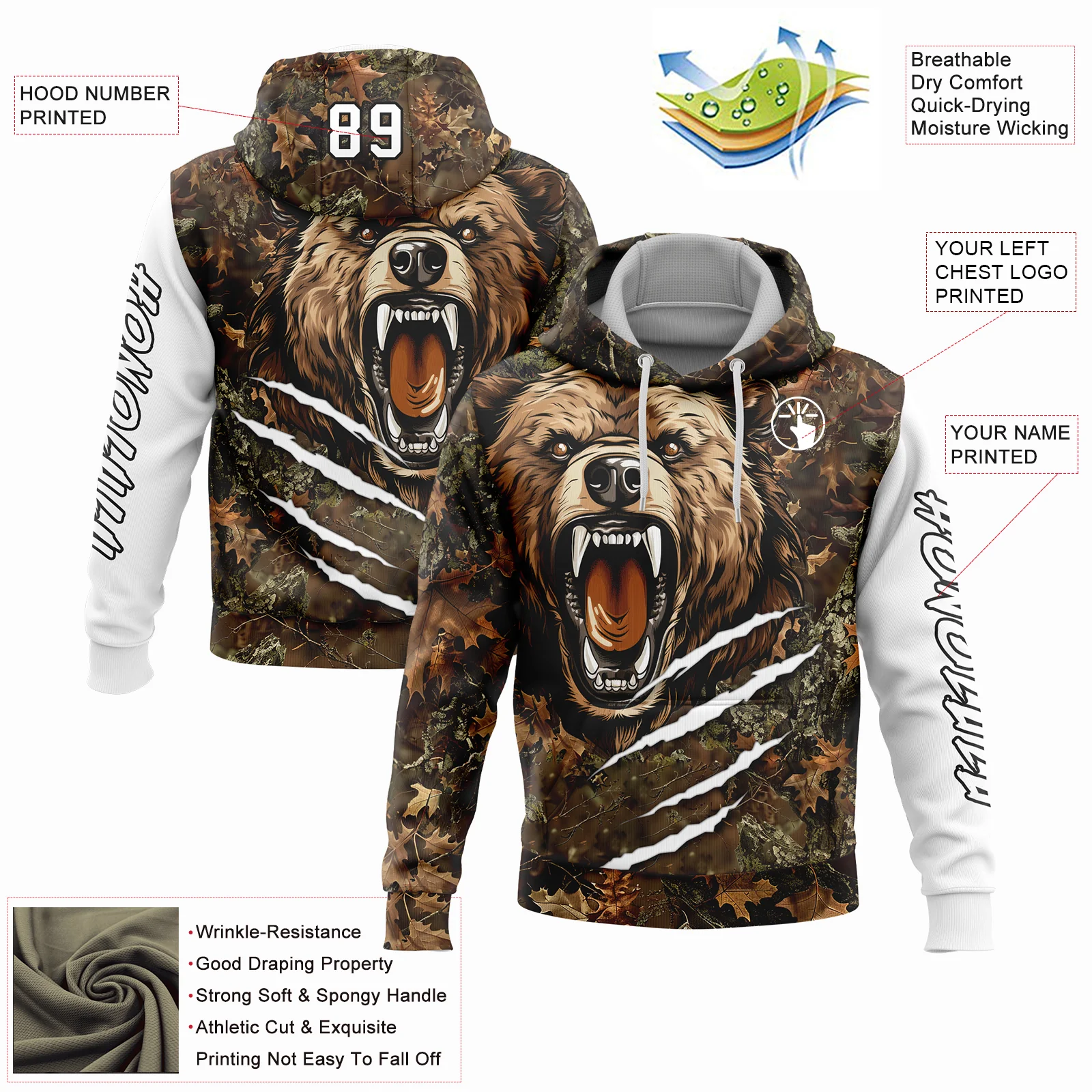 Custom Camo Black-White 3D Bear Hunting Sports Pullover Sweatshirt Hoodie