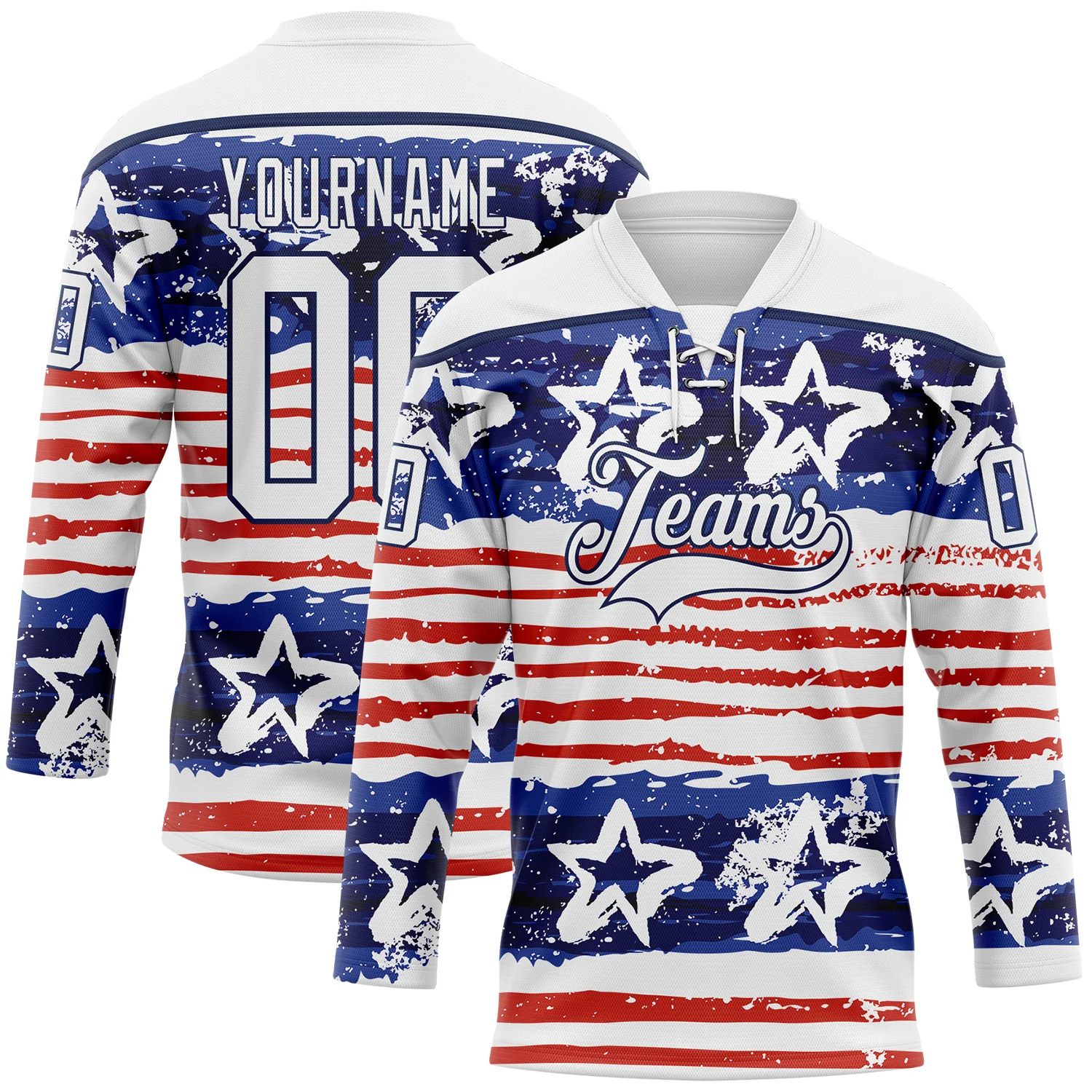Custom White Red-Navy American Flag Painted Hockey Lace Neck Jersey