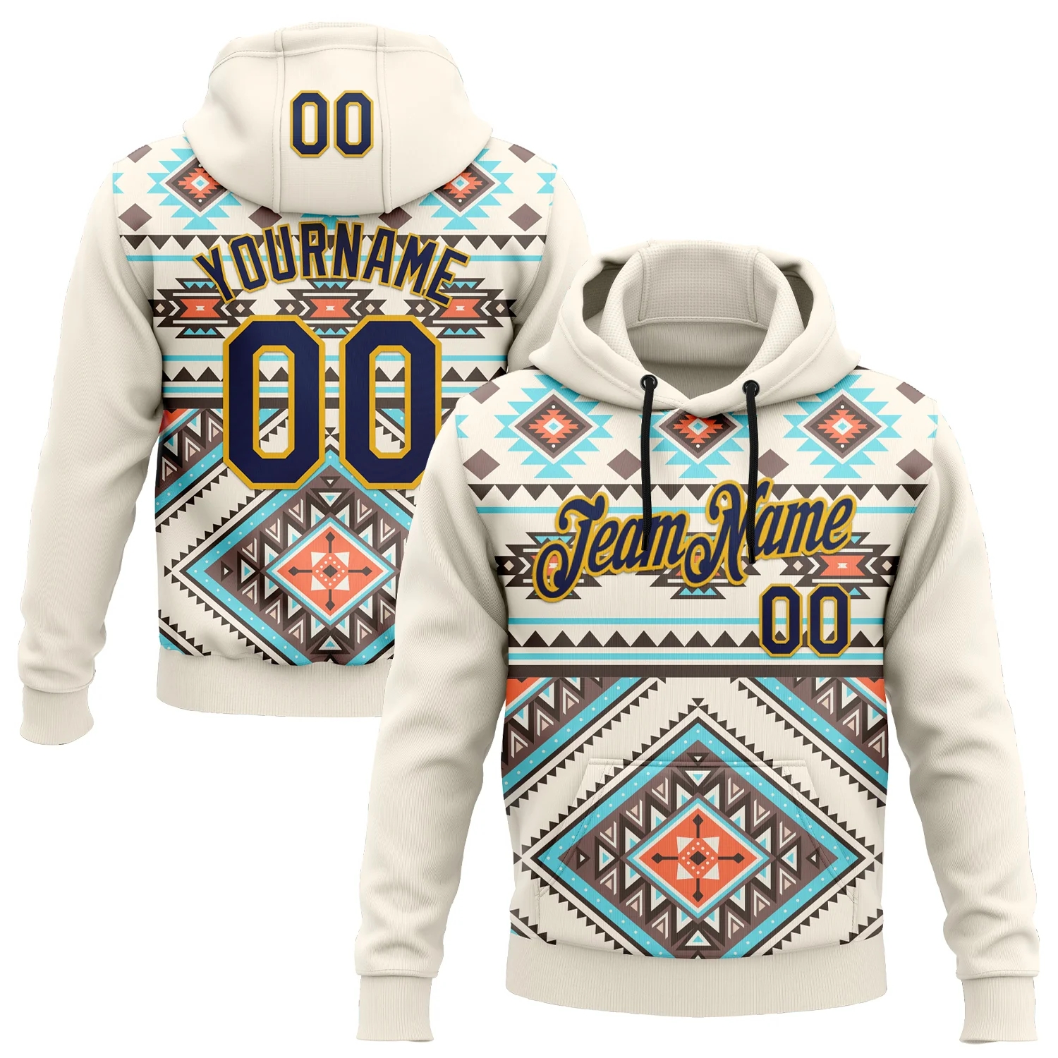 Custom Stitched Cream Navy Blue Orange Gray-Gold 3D Mexico Aztec Pattern Sports Pullover Sweatshirt Hoodie