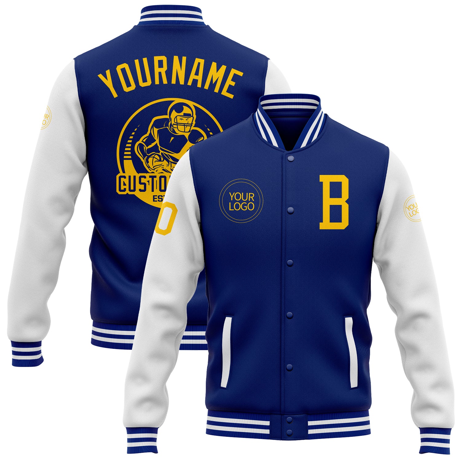 Custom Royal Yellow-White Bomber Full-Snap Varsity Letterman Two Tone Jacket