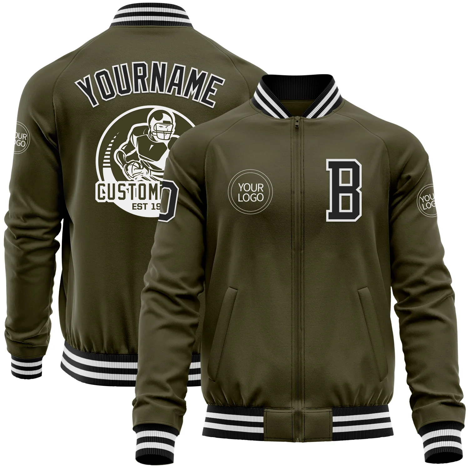 Custom Olive Black-White Bomber Varsity Letterman Salute To Service Zipper Jacket