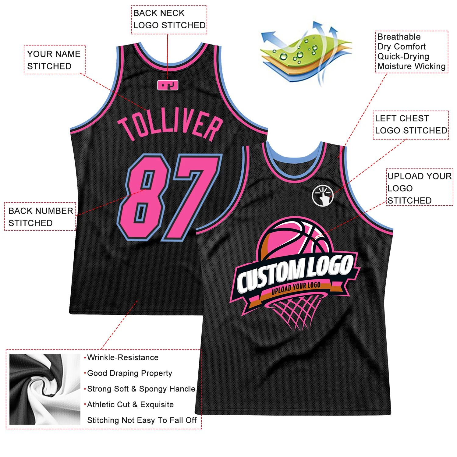 Custom Black Pink-Light Blue Authentic Throwback Basketball Jersey