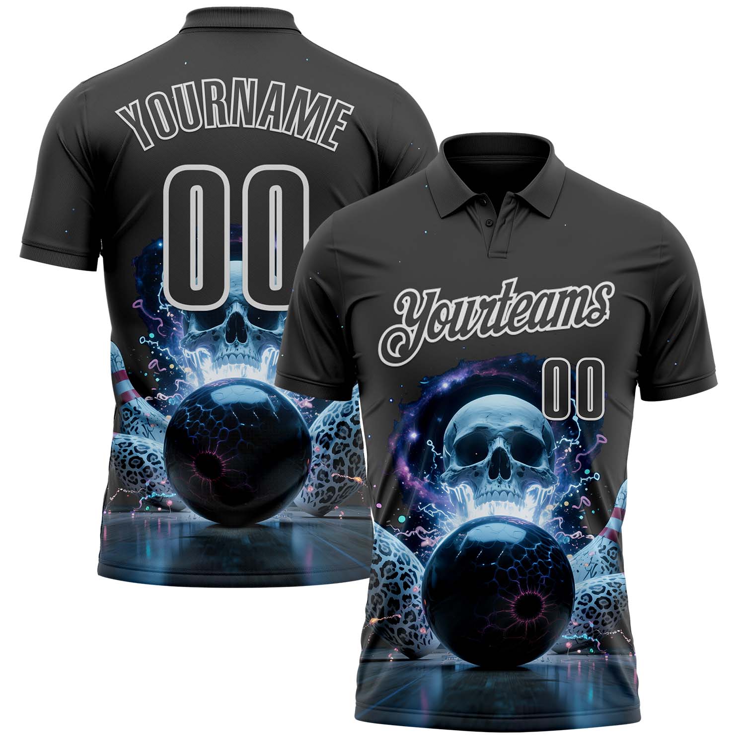 Custom Steel Gray White 3D Galaxy Leopard Print Skull Bowling Performance Polo Shirt
