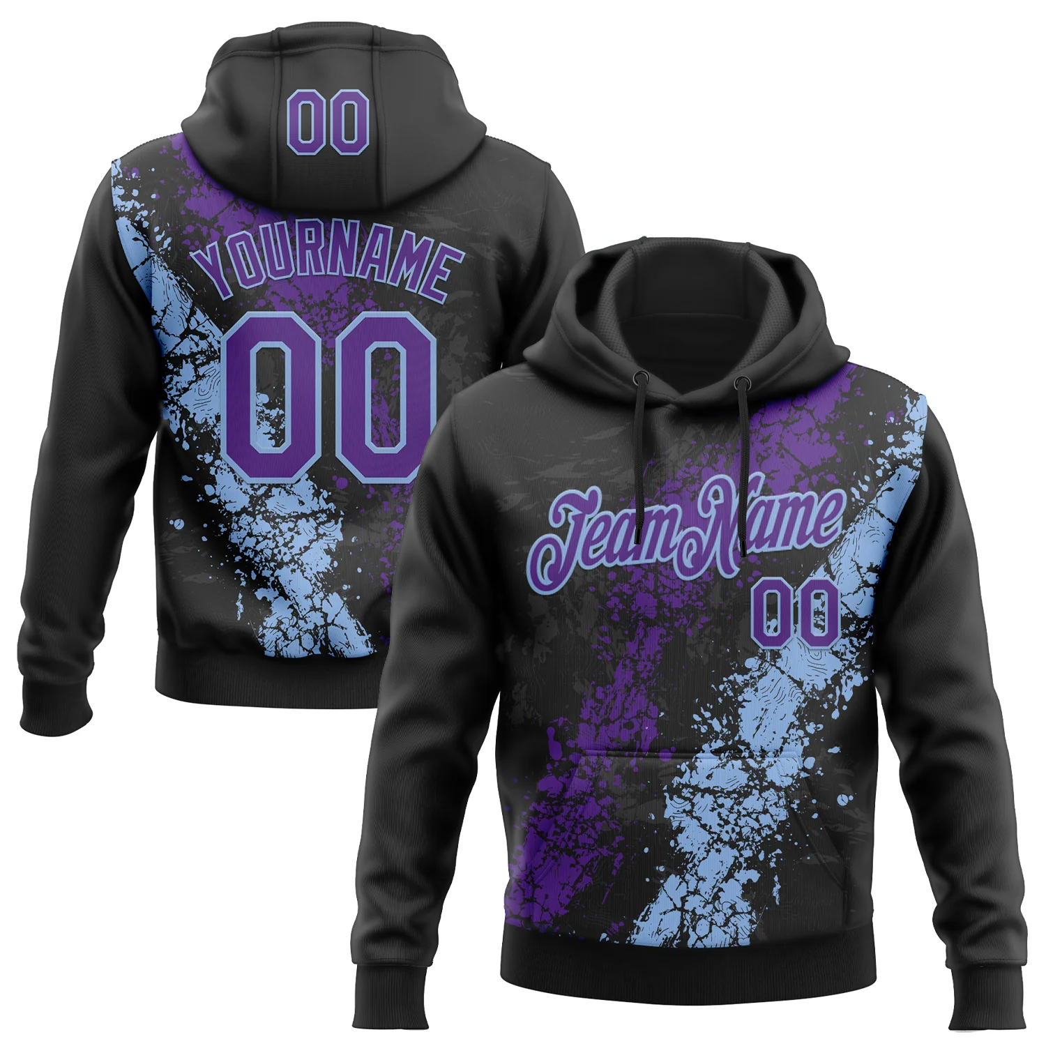 Custom Stitched Black Purple-Light Blue 3D Pattern Design Splash Sports Pullover Sweatshirt Hoodie