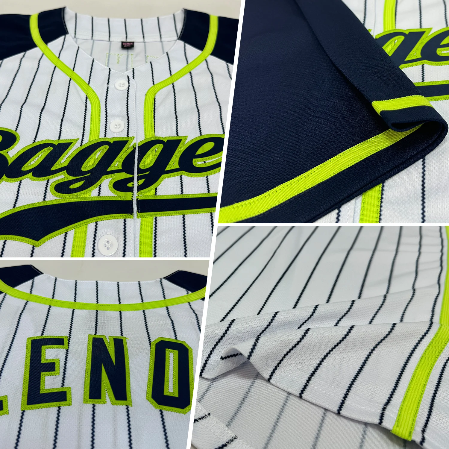 Custom White Navy Pinstripe Navy-Neon Green Authentic Raglan Sleeves Baseball Jersey