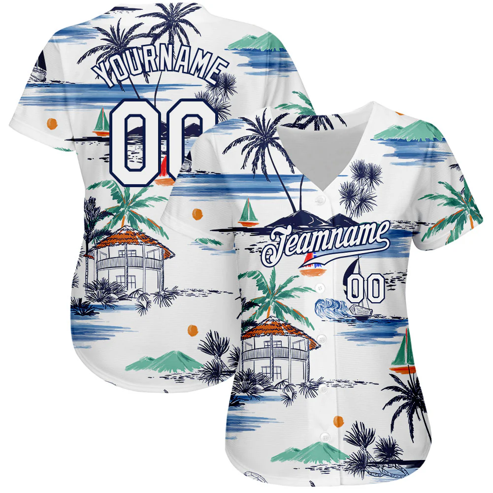 Custom White Navy 3D Pattern Design Hawaii Palm Trees Island And Sailboat Authentic Baseball Jersey