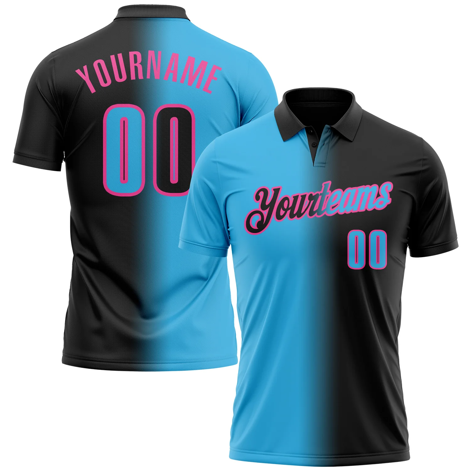 Custom Black Sky Blue-Pink 3D Gradient Fashion Performance Polo Shirt