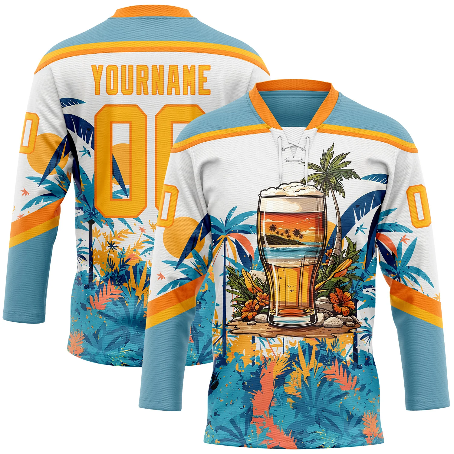 Custom Shadow Blue Gold Bay Orange-White 3D Pattern Hawaii Tropical Palm Trees Hockey Lace Neck Jersey