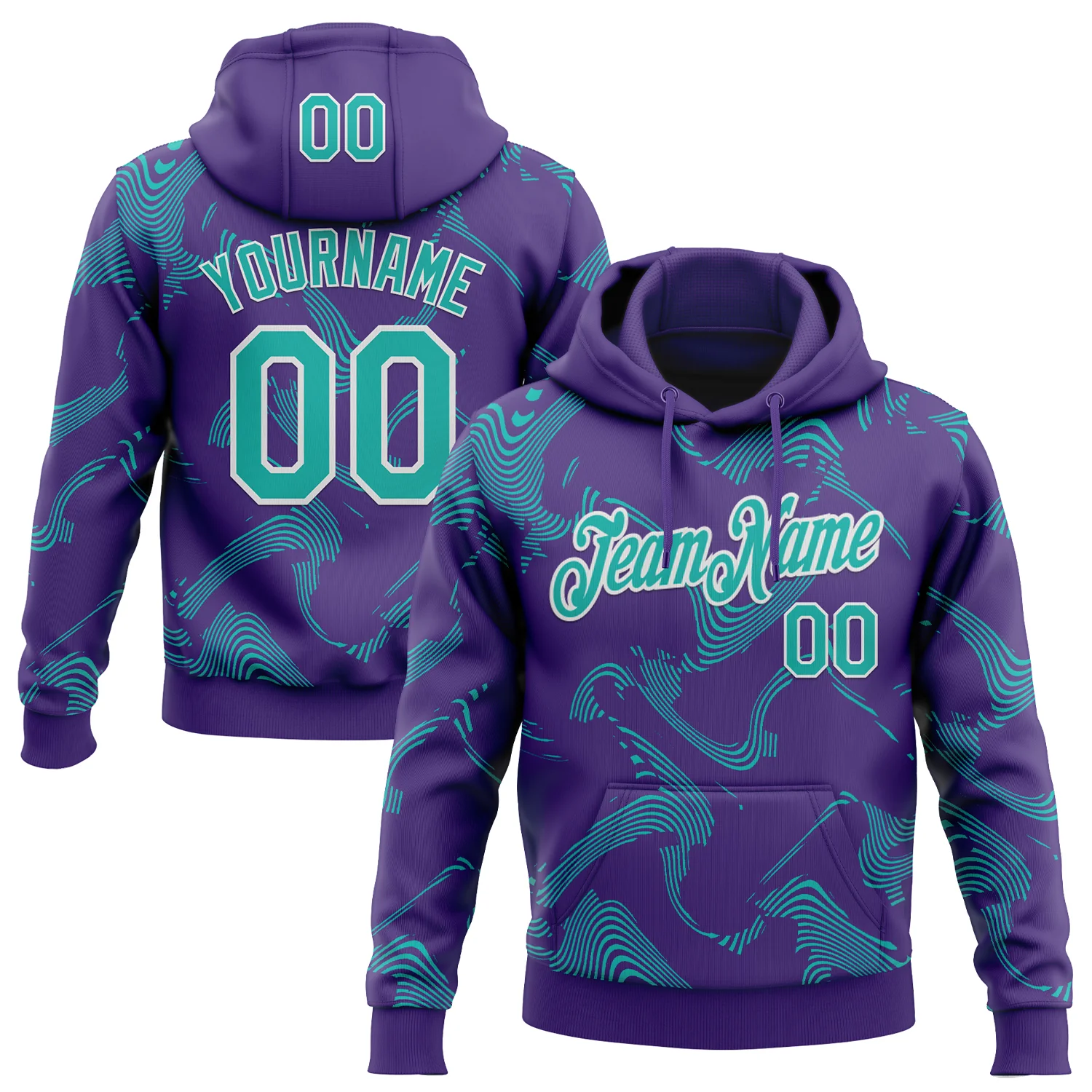Custom Stitched Purple Aqua-White 3D Pattern Design Curve Lines Sports Pullover Sweatshirt Hoodie