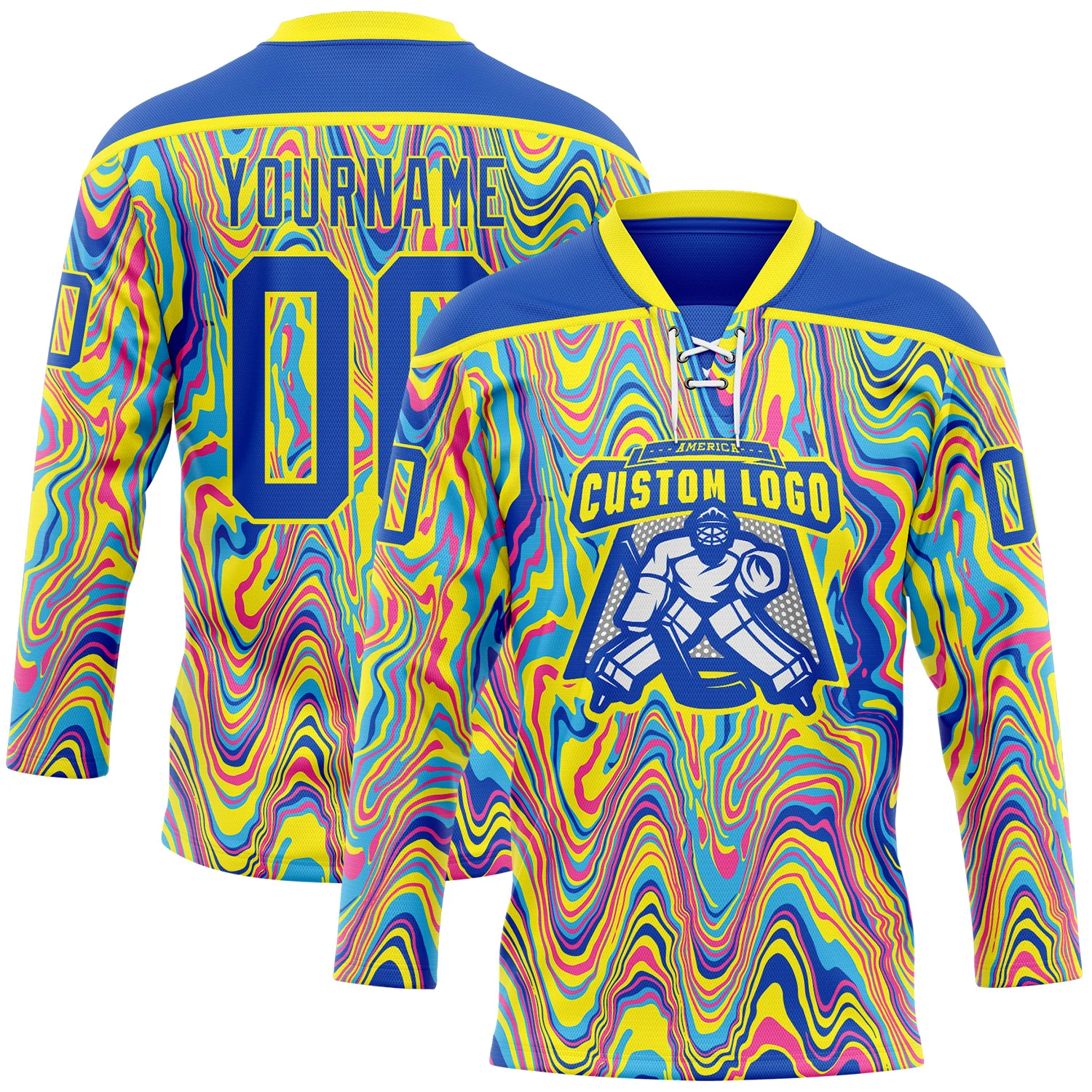 Custom Yellow Thunder Blue Pink-Light Yellow 3D Pattern Trippy Psychedelic Fluid Hockey Lace Neck Jersey