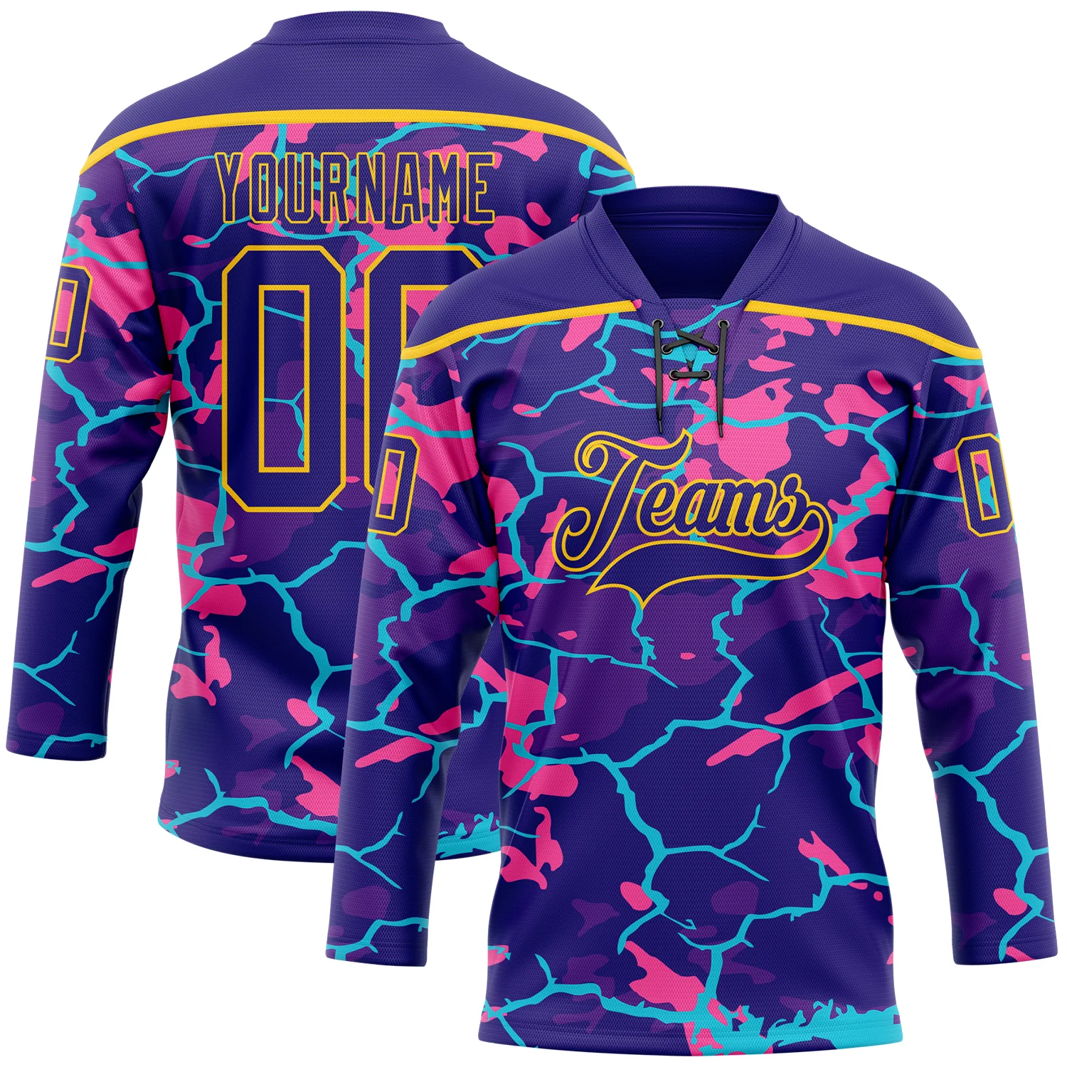 Custom Dark Purple Pink Blue-Yellow 3D Pattern Lightning Hockey Lace Neck Jersey