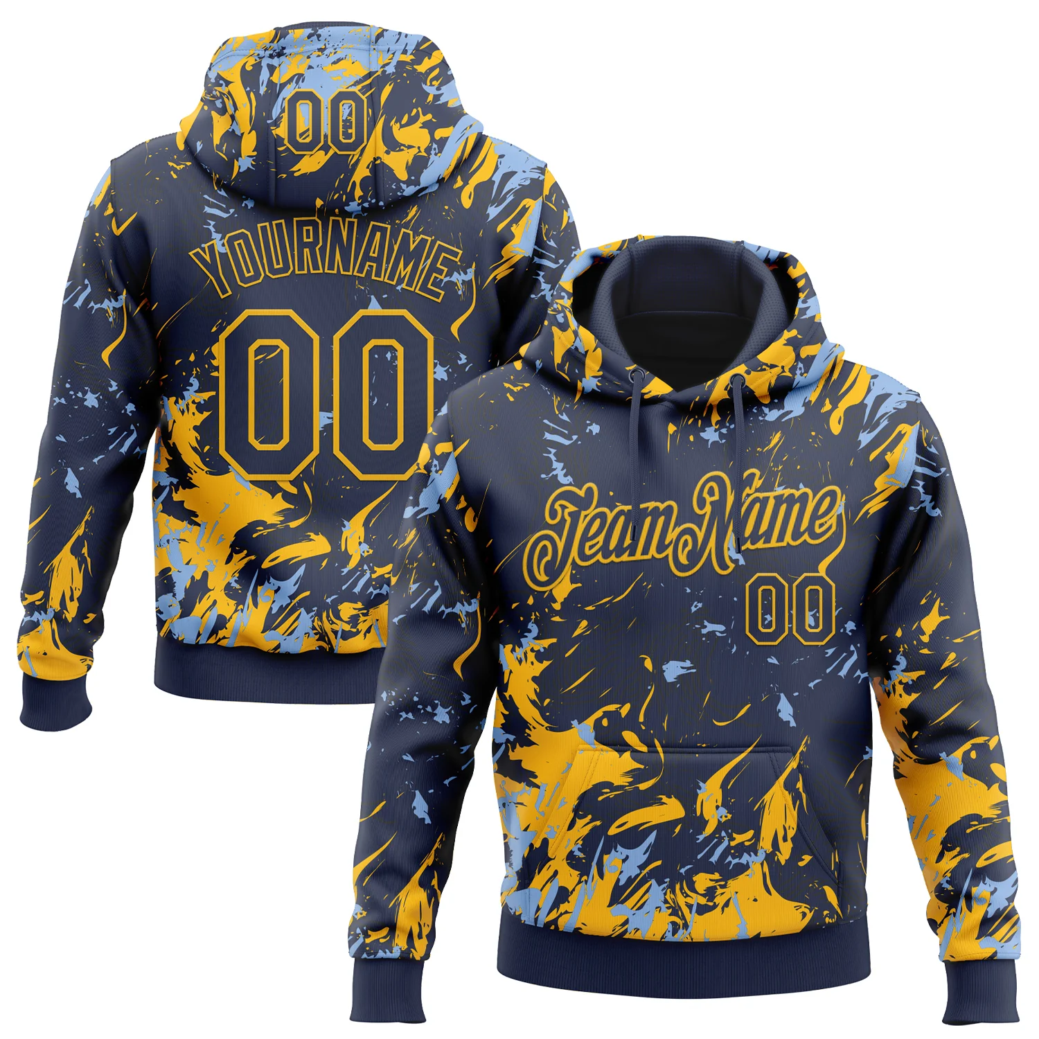Custom Stitched Navy Gold-Light Blue 3D Pattern Design Splash Sports Pullover Sweatshirt Hoodie