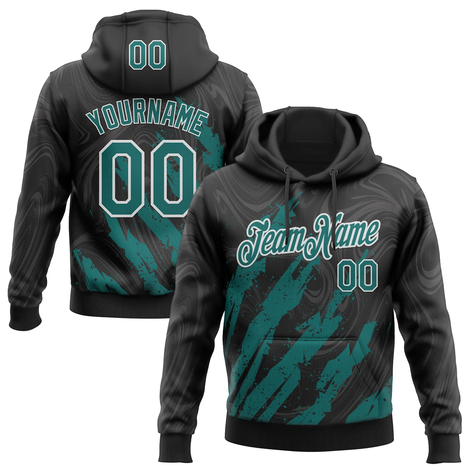 Custom Stitched Black Teal-White 3D Pattern Design Splash Sports Pullover Sweatshirt Hoodie