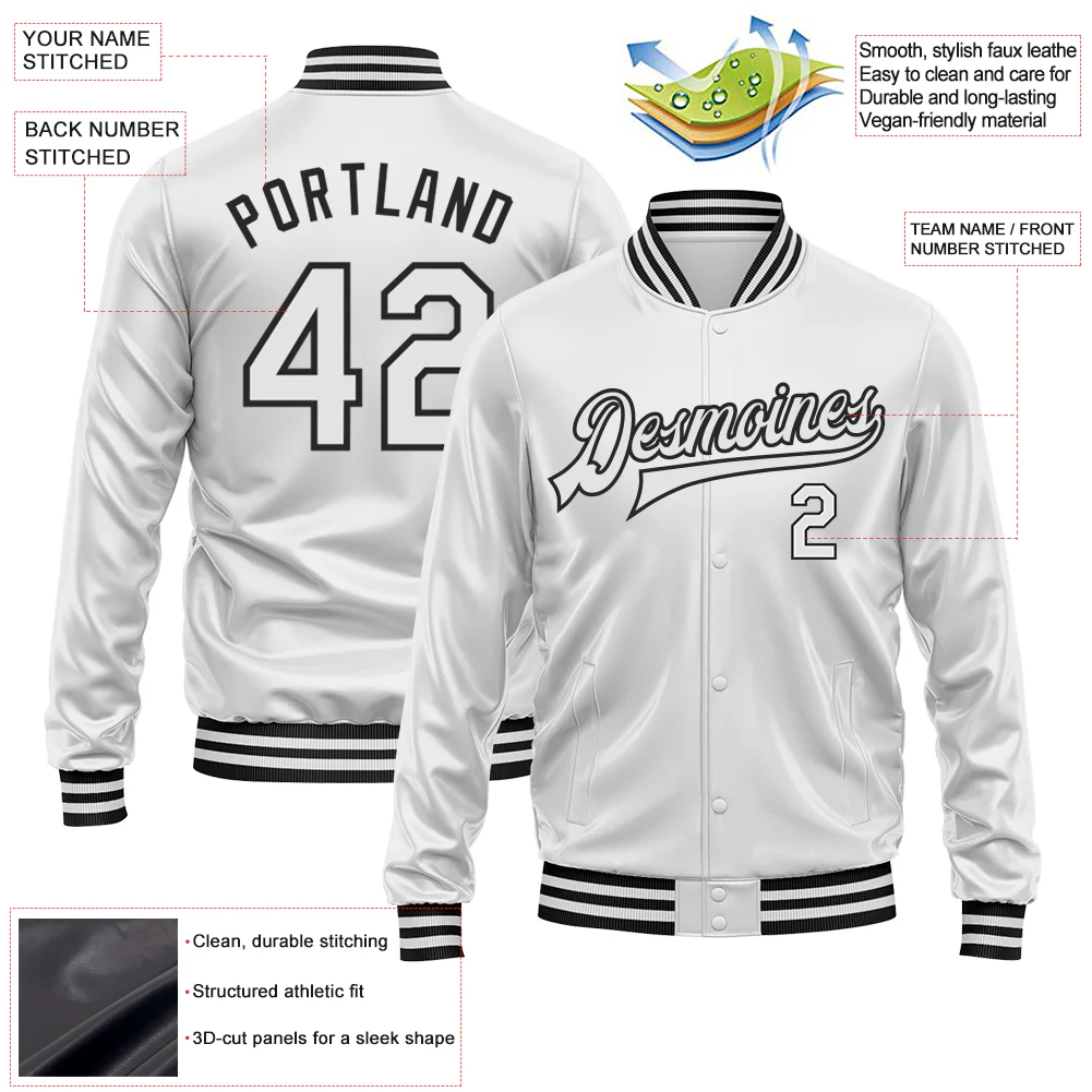 Custom White White-Black Bomber Full-Snap Varsity Faux Leather Letterman Jacket