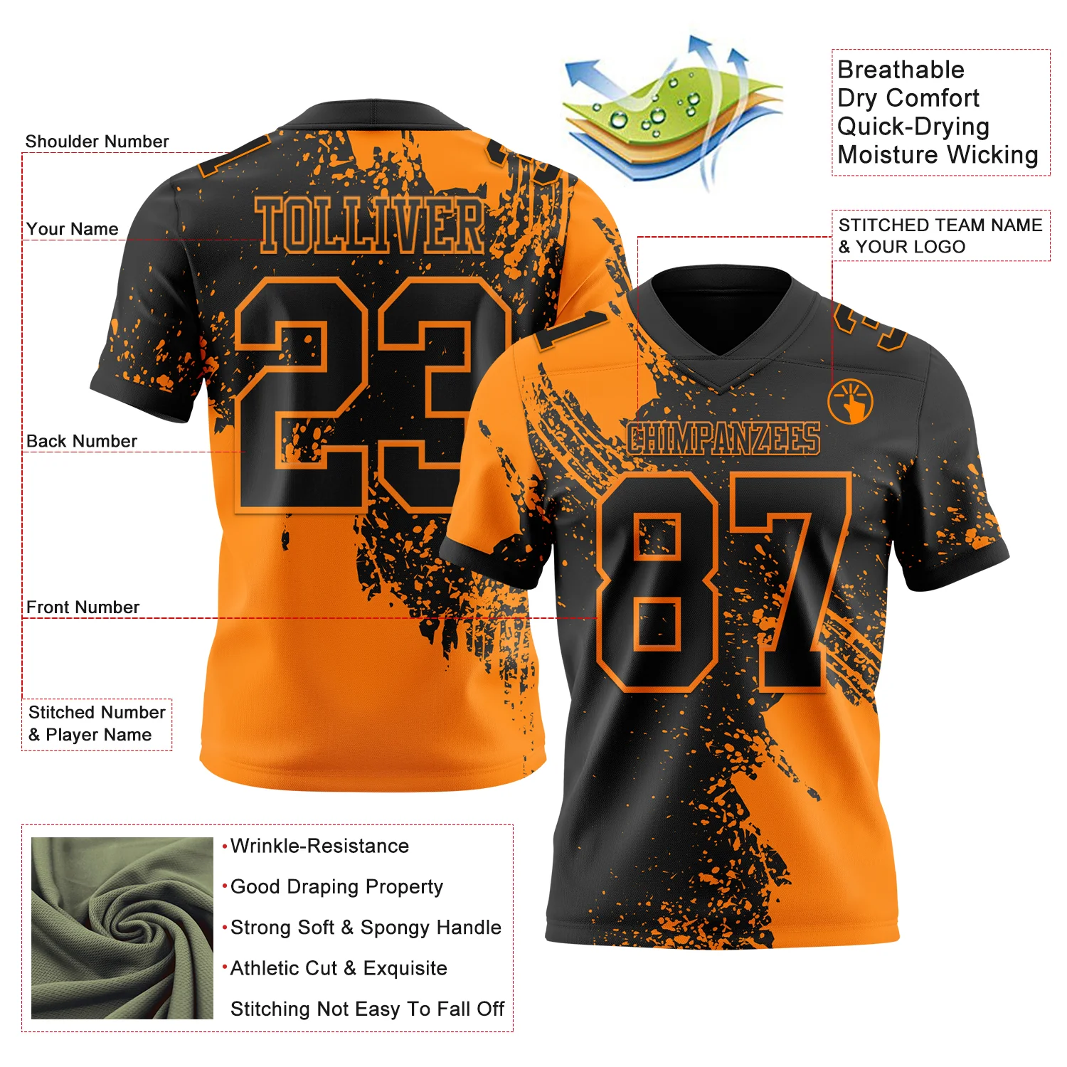 Custom Black Bay Orange 3D Pattern Abstract Brush Stroke Authentic Football Jersey