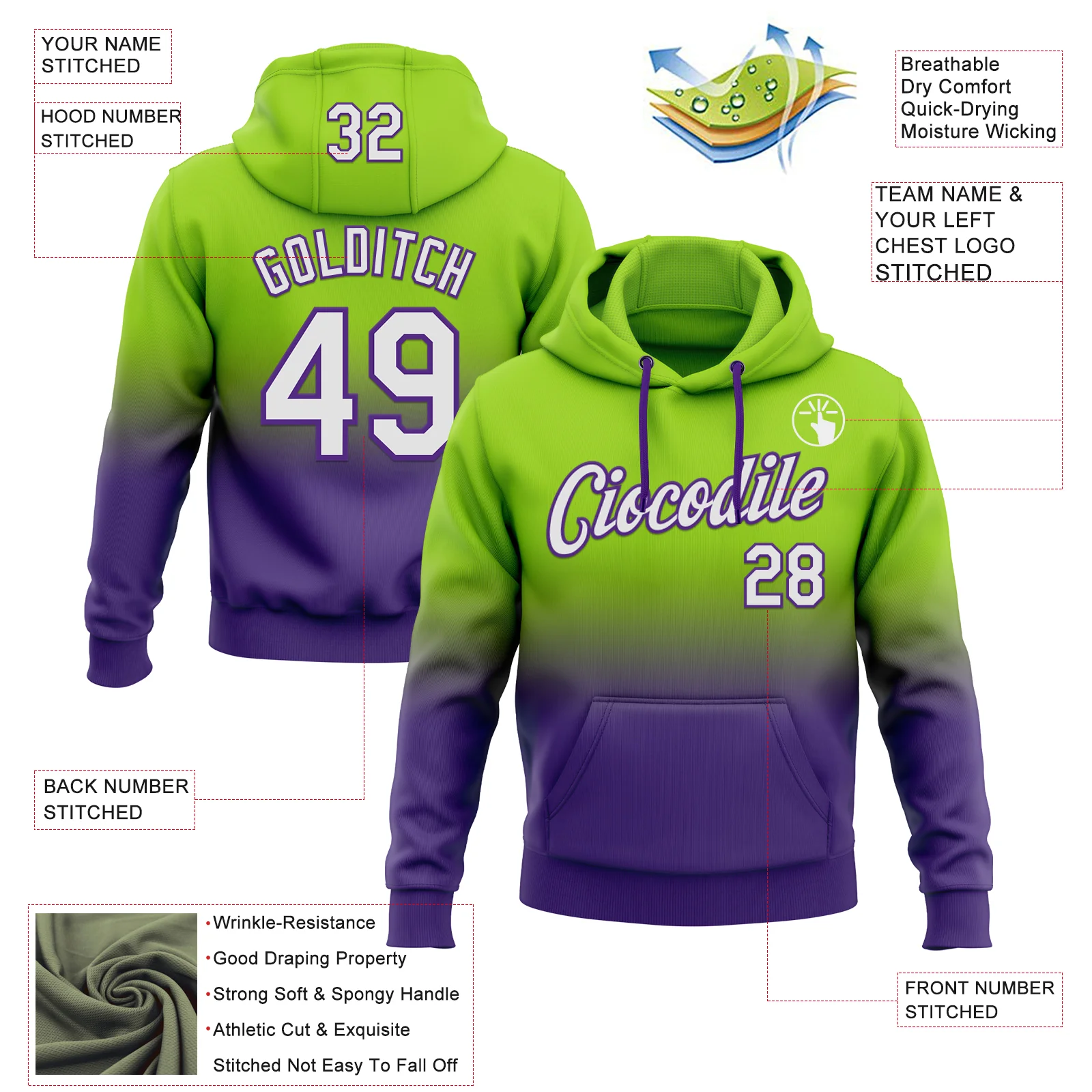 Custom Stitched Neon Green White-Purple Fade Fashion Sports Pullover Sweatshirt Hoodie