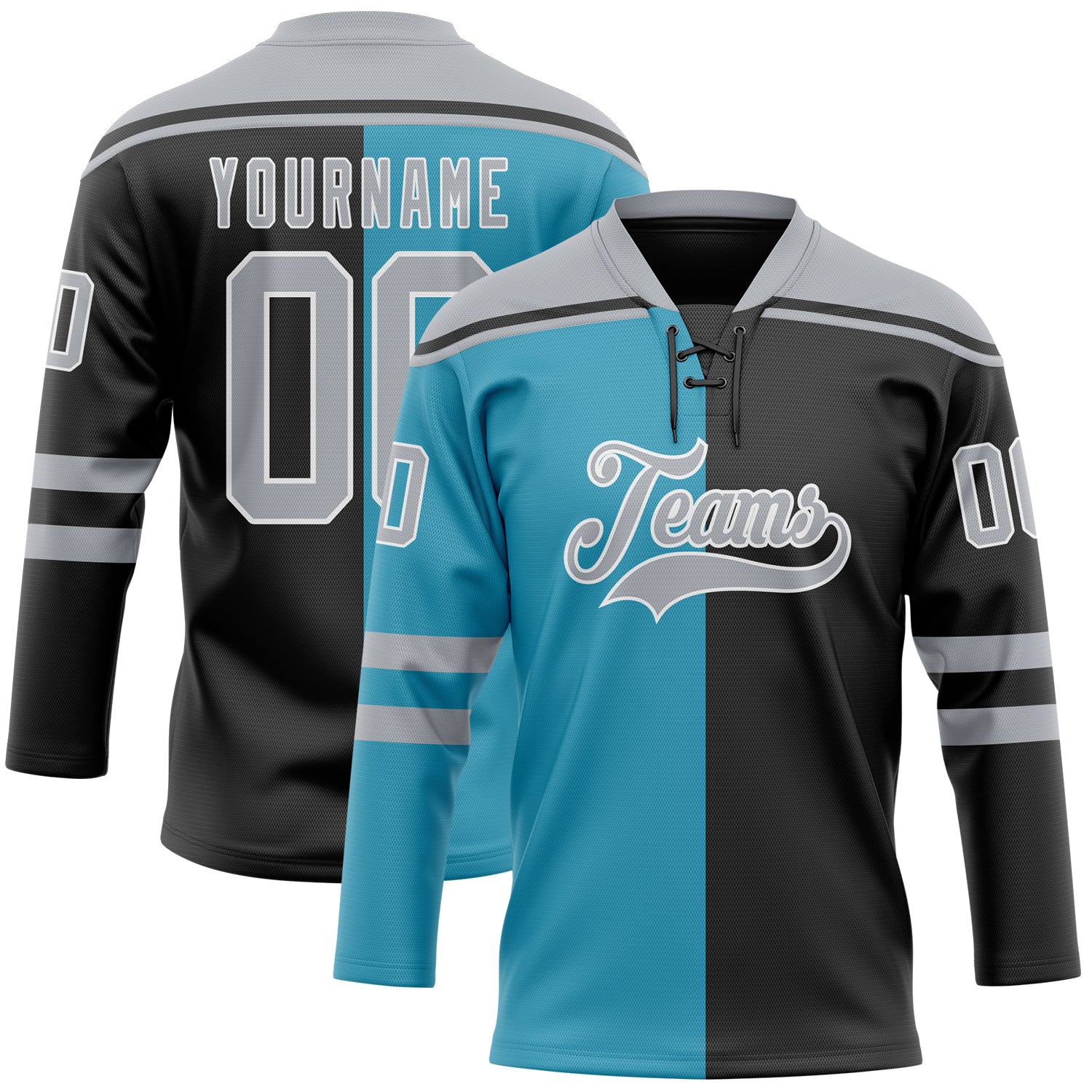 Custom Black Gray Panther Blue-White Split Fashion Hockey Lace Neck Jersey