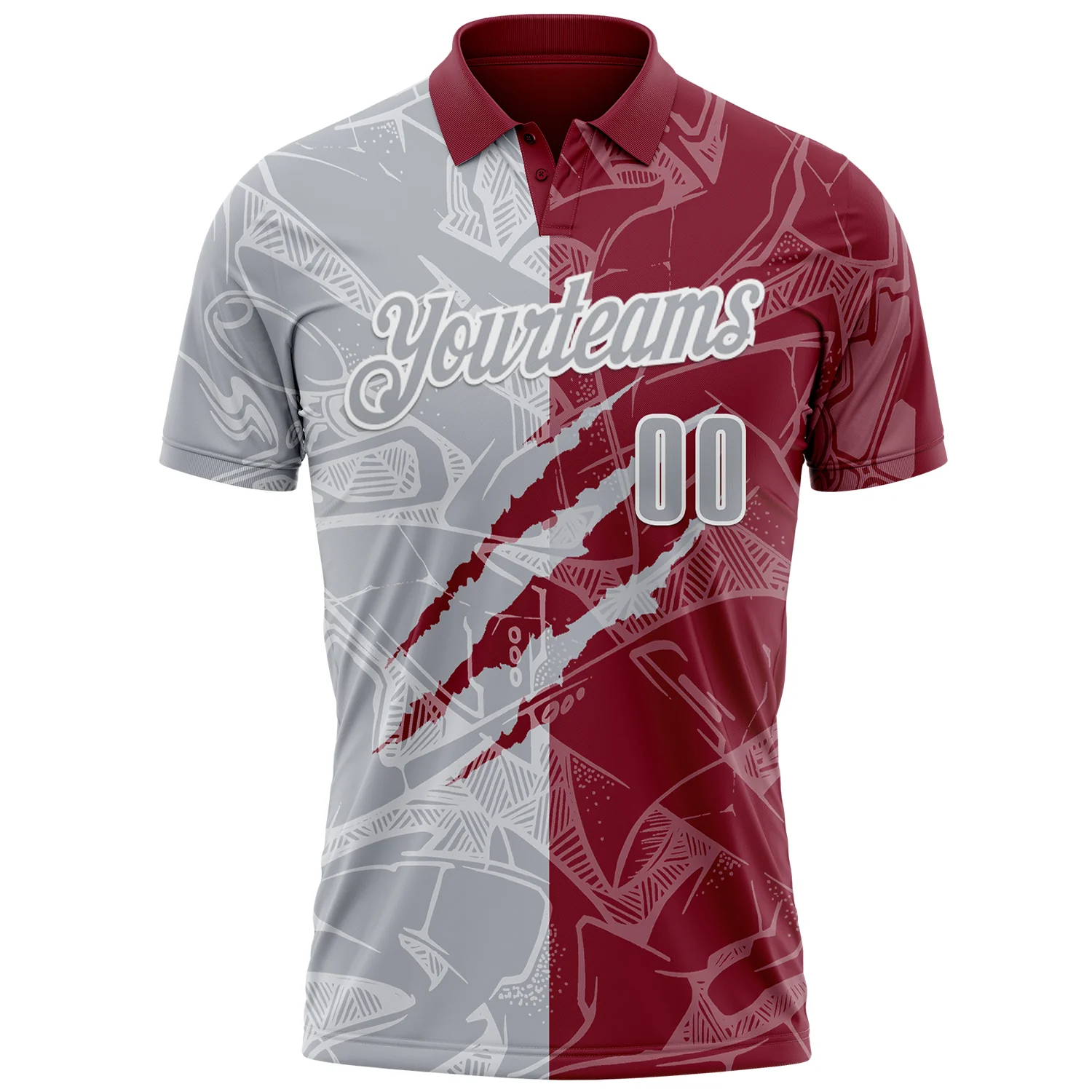 Custom Graffiti Pattern Gray Crimson-White 3D Scratch Performance Polo Shirt