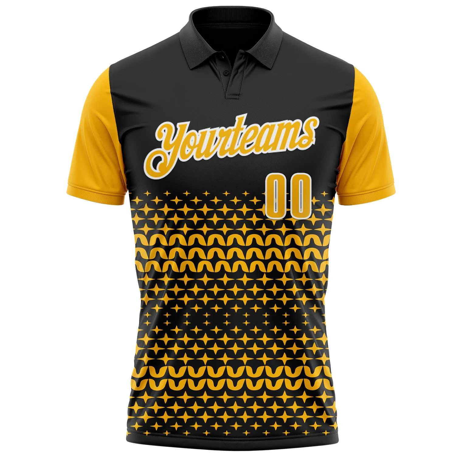 Custom Black Gold-White 3D Pattern Design Star Performance Polo Shirt