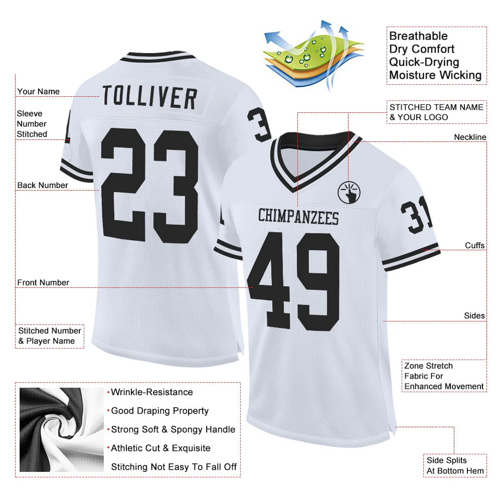 Custom White Black Mesh Authentic Throwback Football Jersey