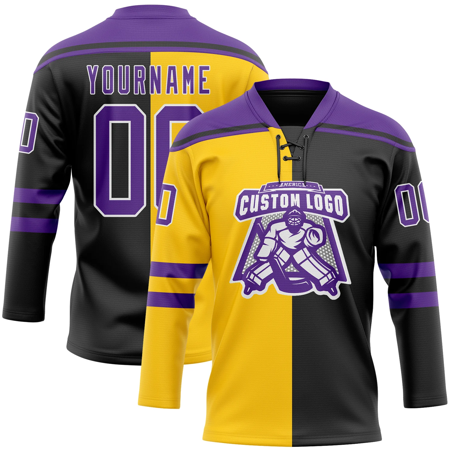 Custom Black Purple Yellow-White Split Fashion Hockey Lace Neck Jersey