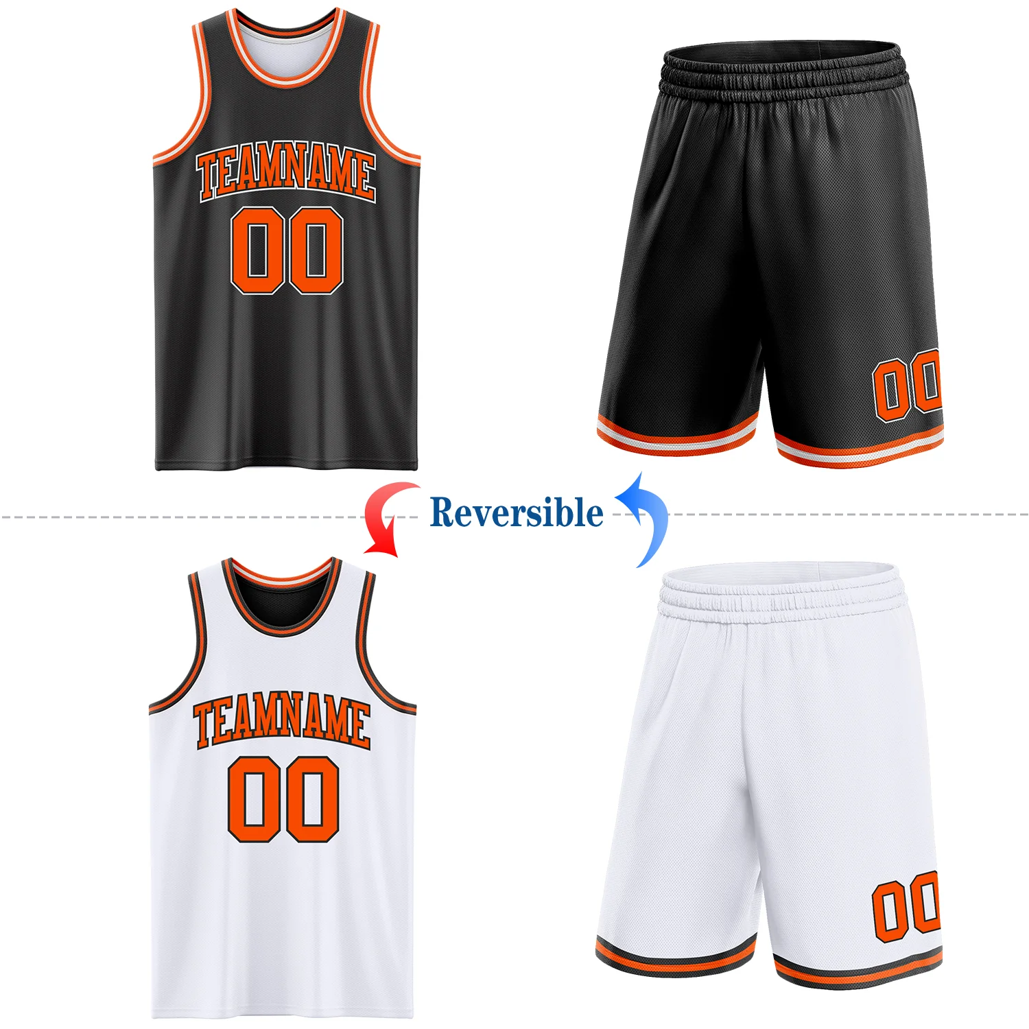 Custom Reversible Black Orange-White Double Side Sublimation Basketball Suit Jersey