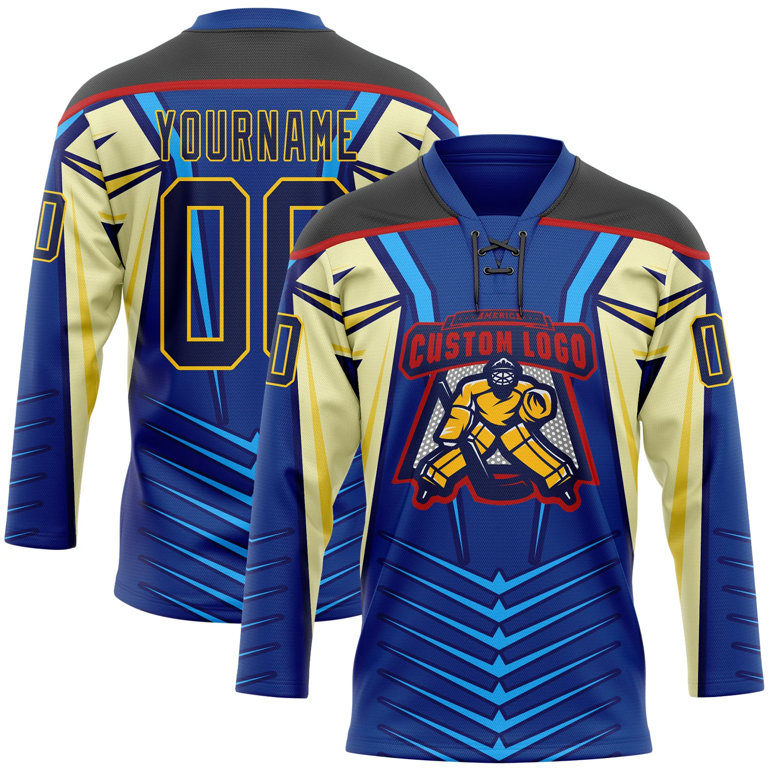 Custom Blue Navy Black Red-Yellow 3D Abstract Pattern Graphic Cyber Mecha E-sport Hockey Lace Neck Jersey