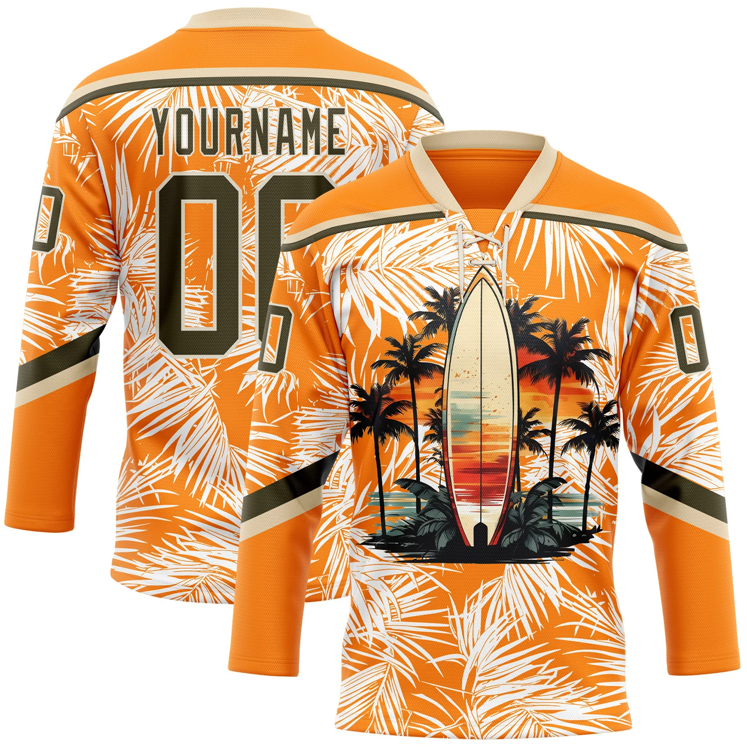 Custom Bay Orange Olive-Cream 3D Pattern Hawaii Tropical Palm Trees Hockey Lace Neck Jersey