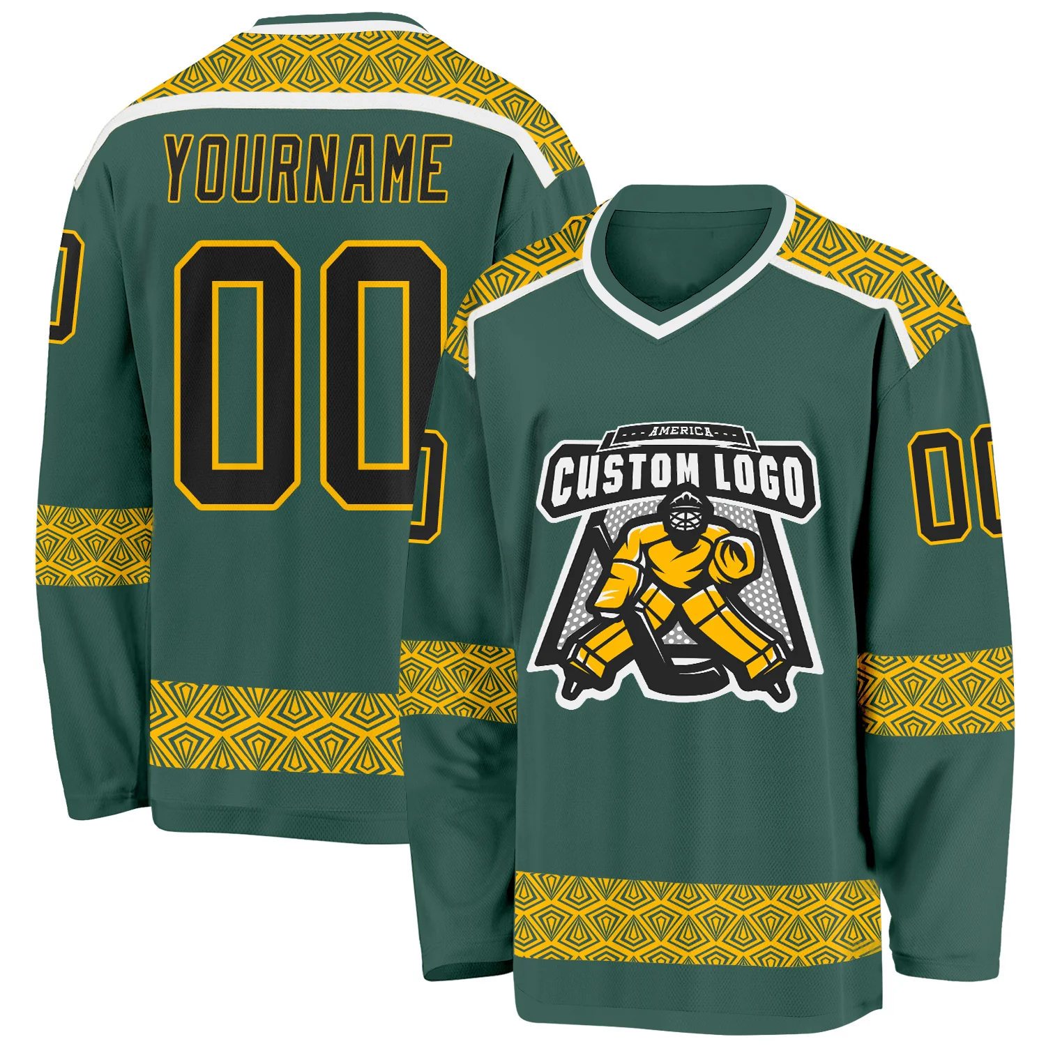 Custom Green Black Gold-White 3D Pattern Plaid Hockey Jersey